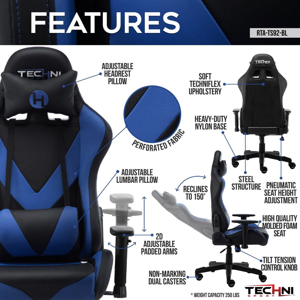 Techni Sport TS-92 Blue Office-PC Gaming Chair RTA-TS92-BL Features #color_blue