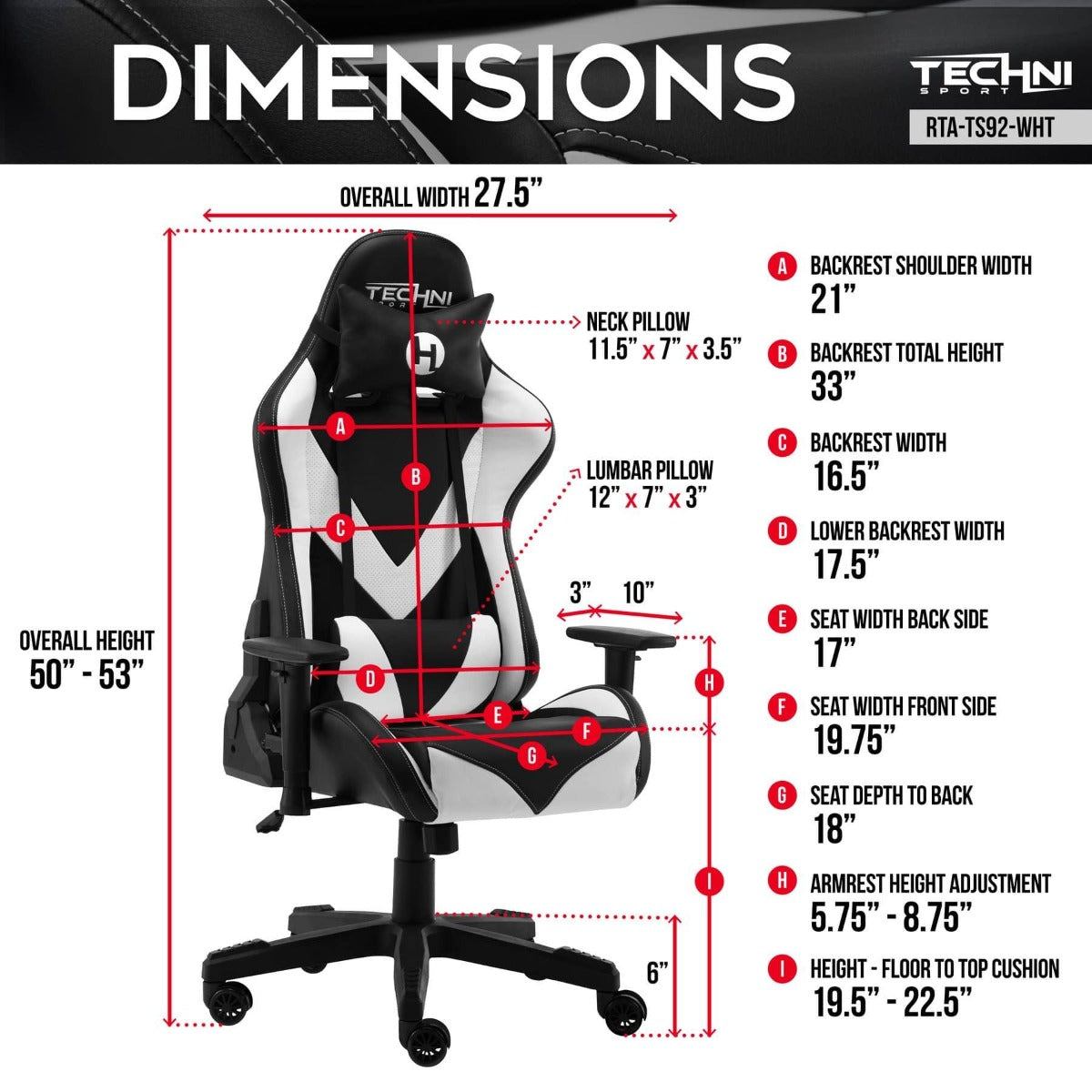 Techni Sport TS-92 White Office-PC Gaming Chair RTA-TS92-WHT Dimensions #color_white