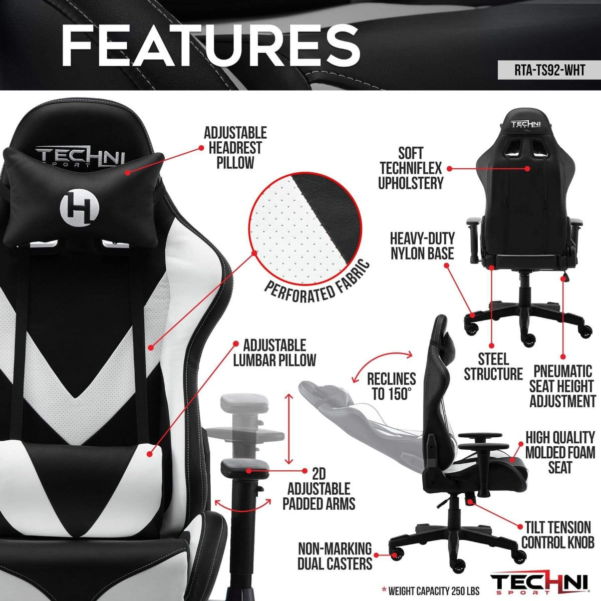 Techni Sport TS-92 White Office-PC Gaming Chair RTA-TS92-WHT Features #color_white