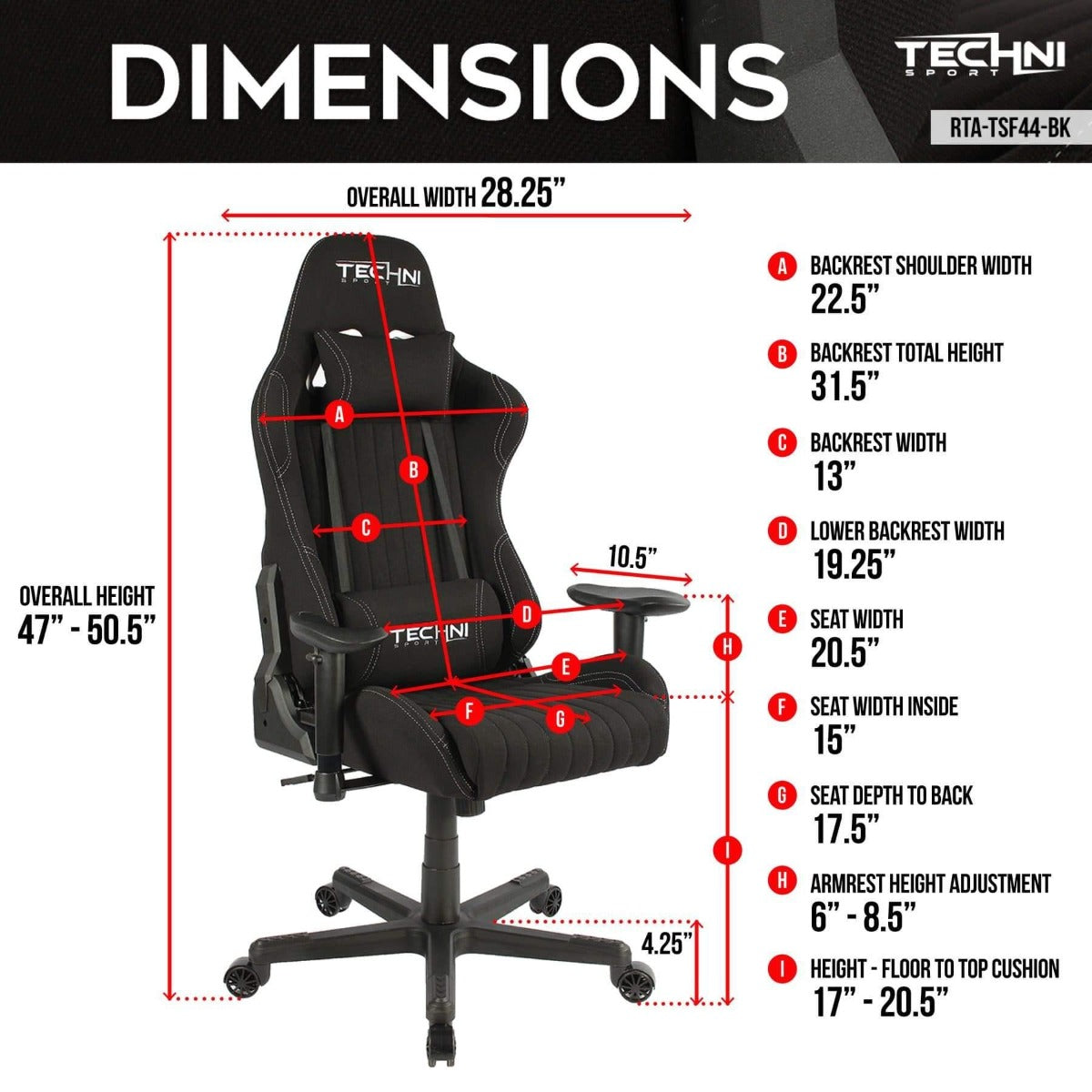 Techni Sport TS-F44 Black Fabric Ergonomic High Back Racer Style PC Gaming Chair RTA-TSF44-BK Dimensions