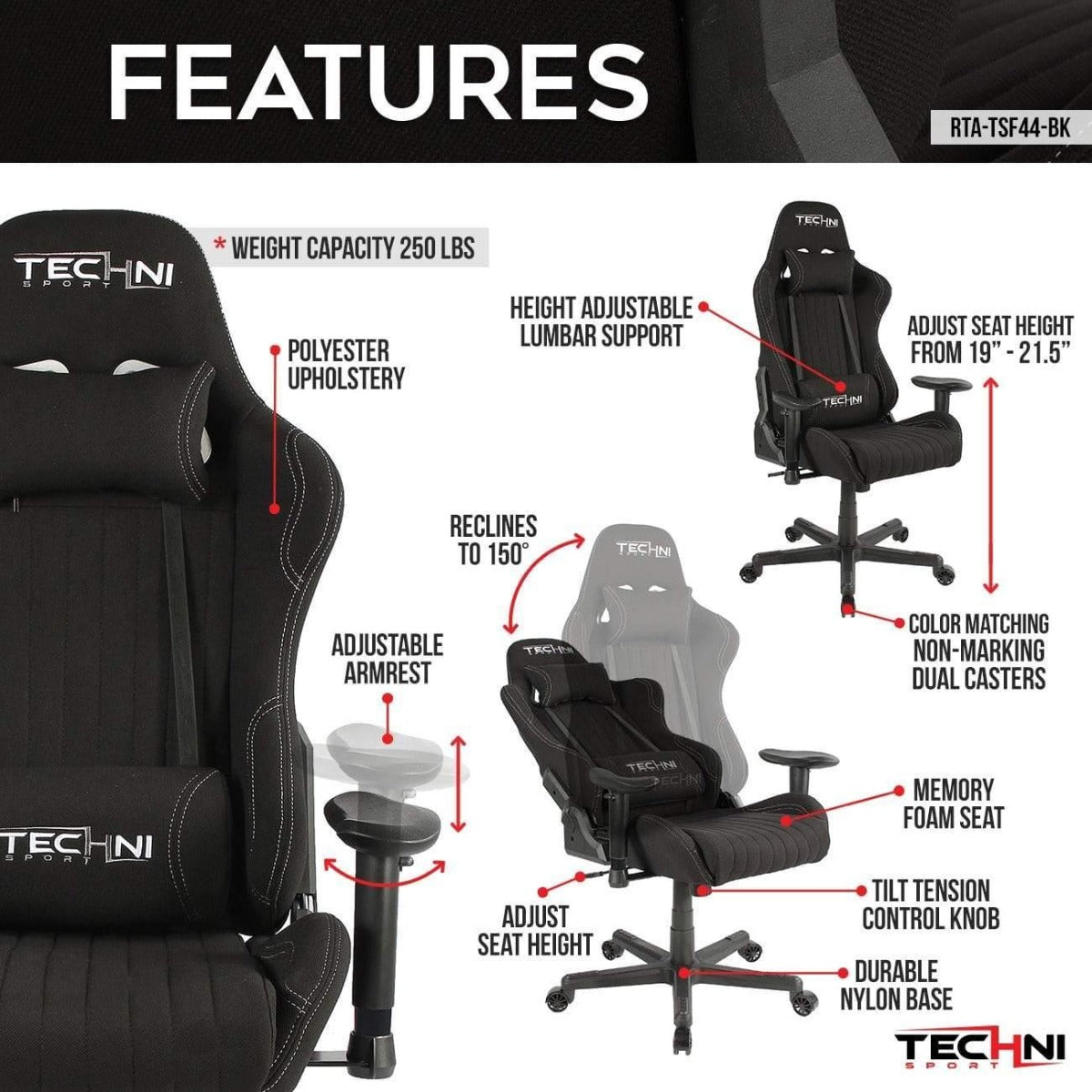 Techni Sport TS-F44 Black Fabric Ergonomic High Back Racer Style PC Gaming Chair RTA-TSF44-BK Features
