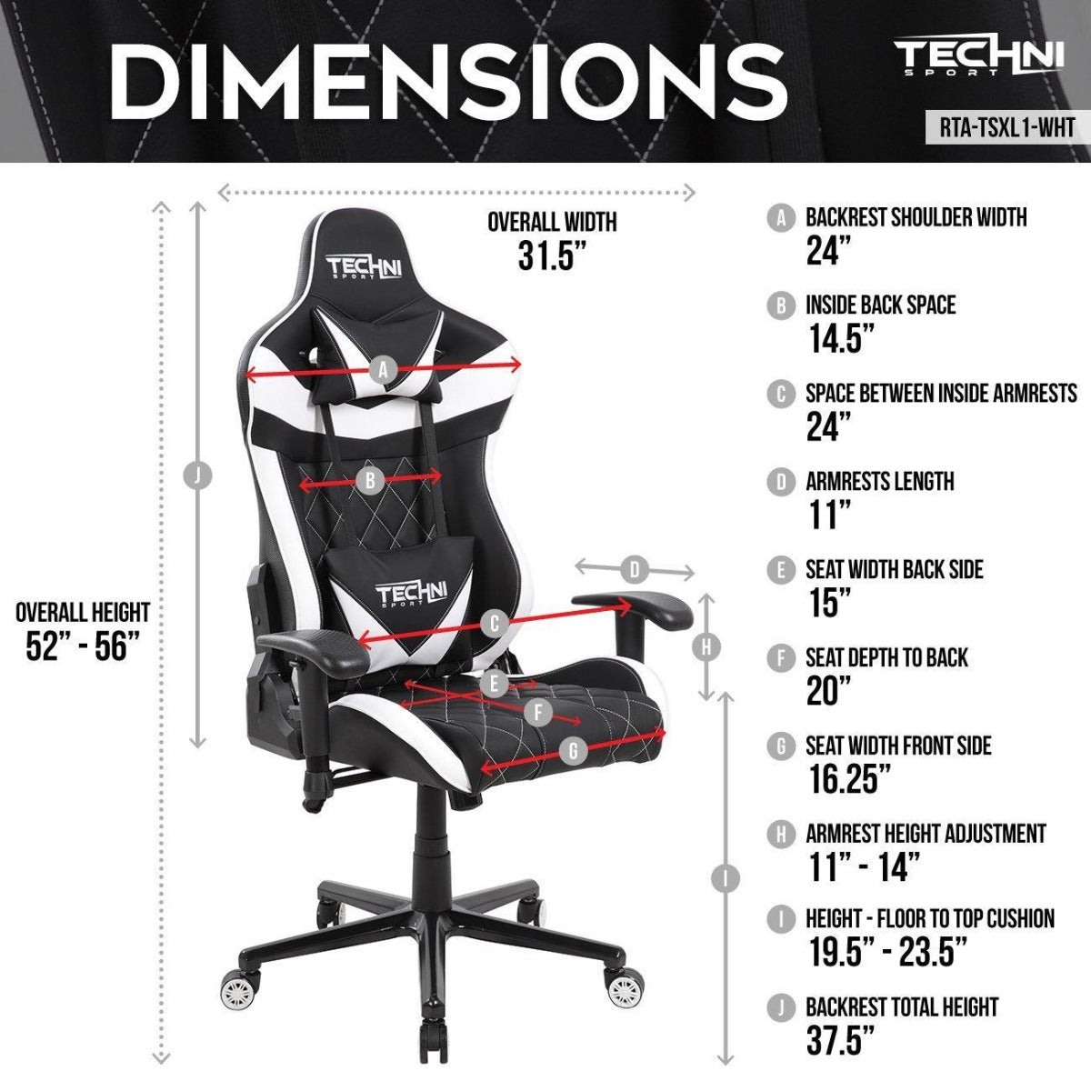 Techni Sport TS-XL1 White Ergonomic High Back Racer Style PC Gaming Chair RTA-TSXL1-WHT Dimensions