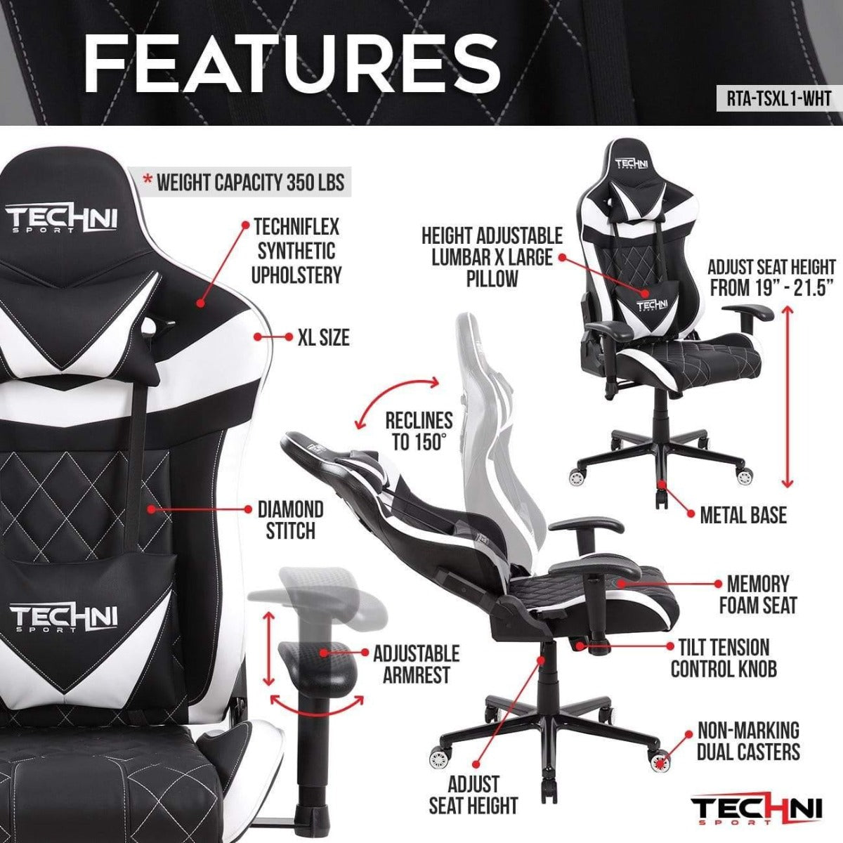 Techni Sport TS-XL1 White Ergonomic High Back Racer Style PC Gaming Chair RTA-TSXL1-WHT Features