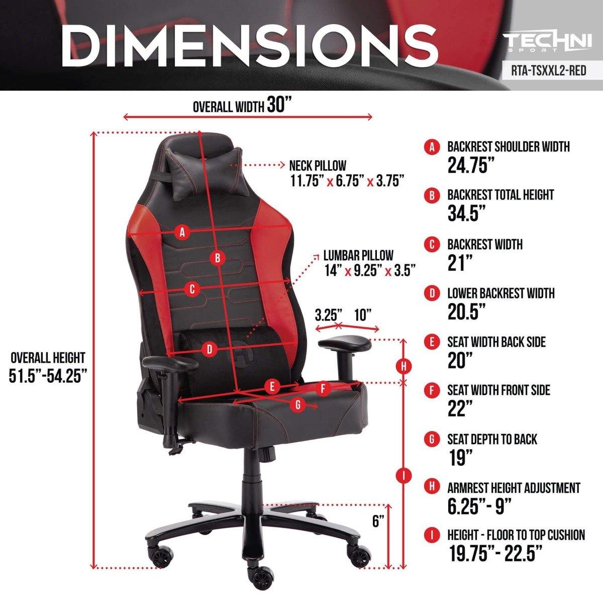 Techni Sport TS-XXL2 Red Office-PC XXL Gaming Chair RTA-TSXXL2-RED Dimensions