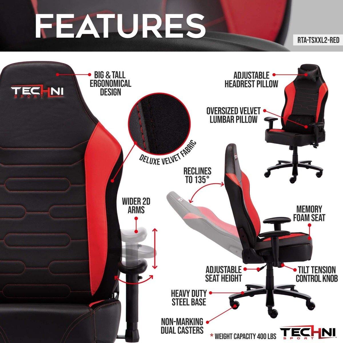 Techni Sport TS-XXL2 Red Office-PC XXL Gaming Chair RTA-TSXXL2-RED Features