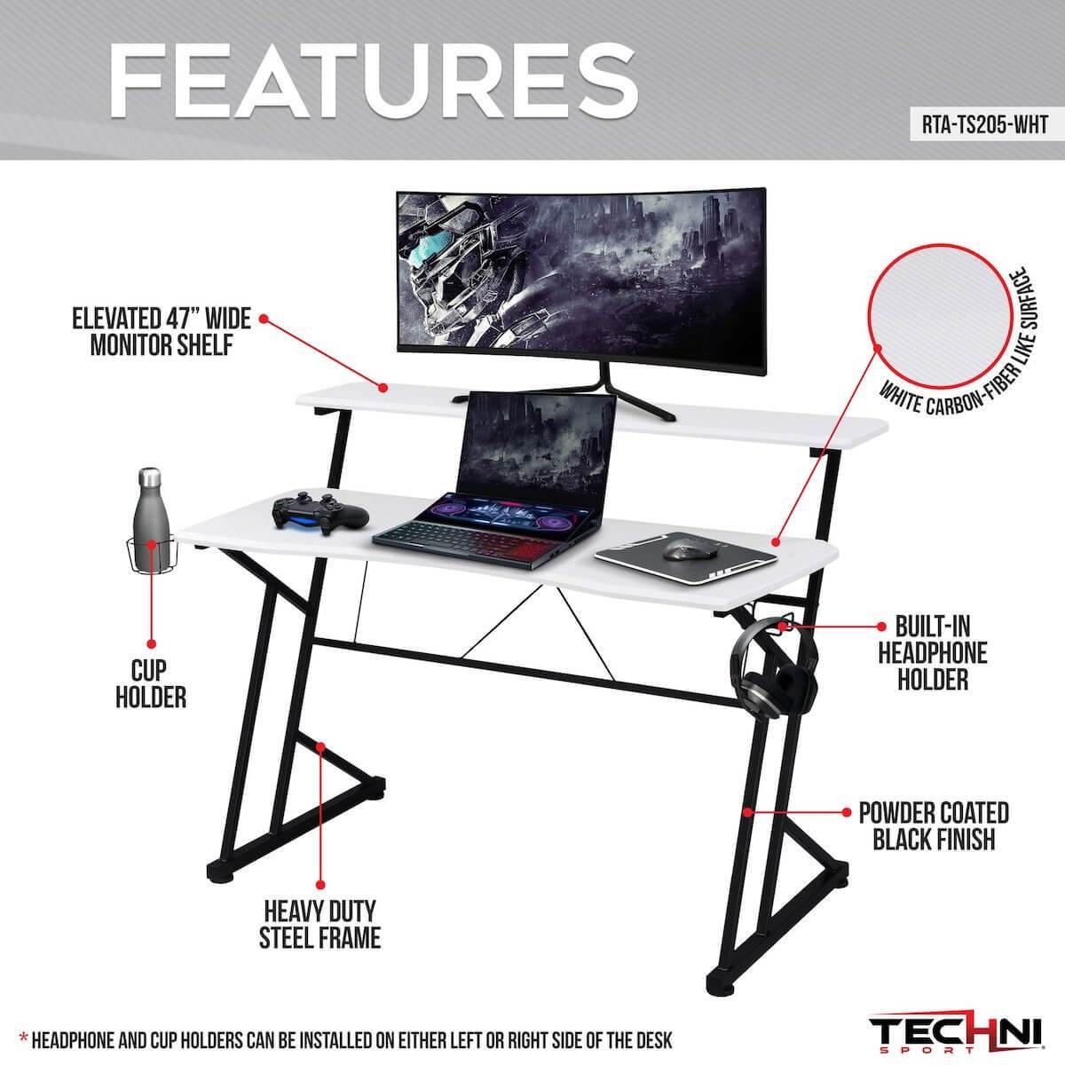 Techni Sport TS205 White FINN Computer Gaming Desk with Shelves RTA-TS205-WHT Features #color_white