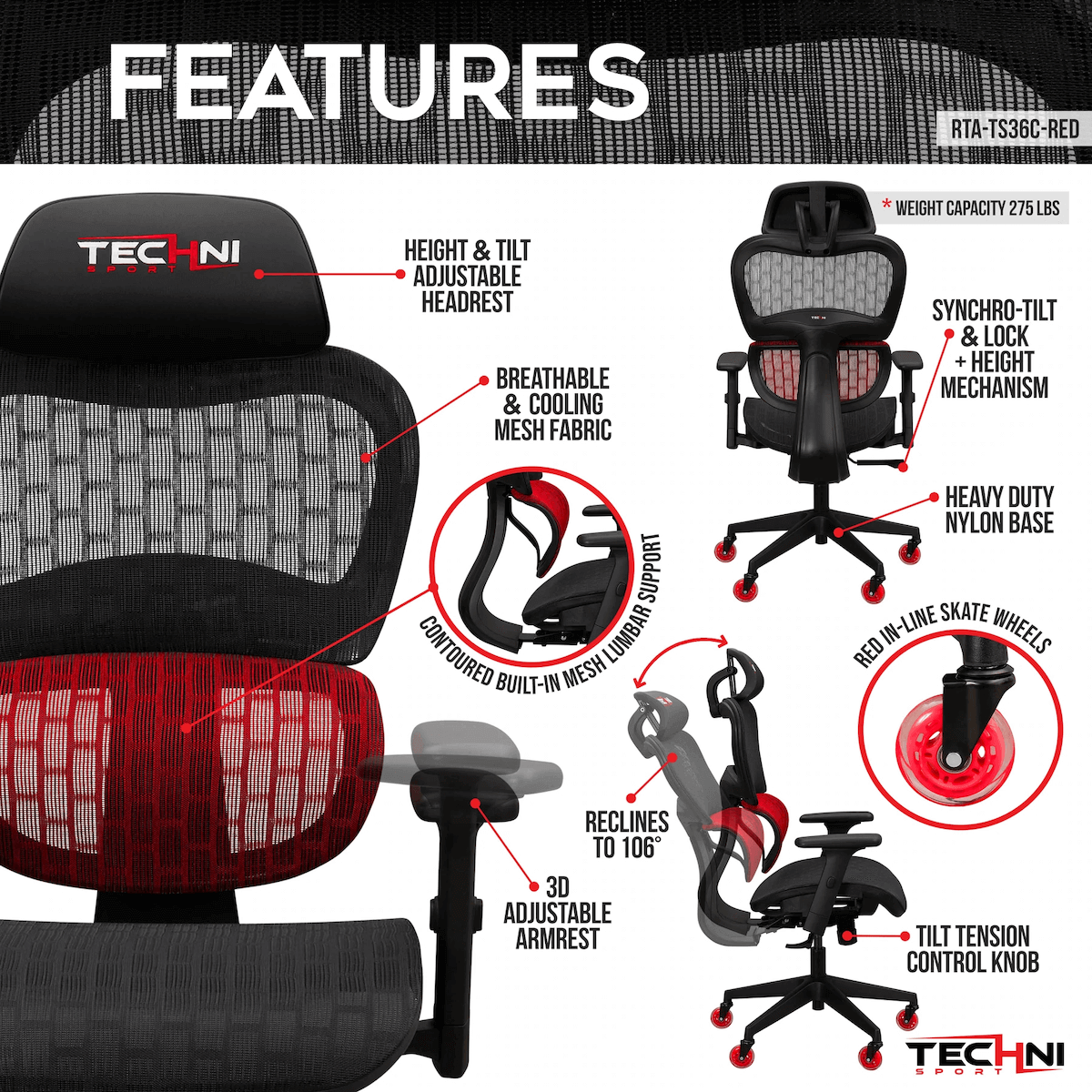 Techni Sport TS36C Airflex Cool Mesh Gaming Chair Features RTA-TS36C-RED