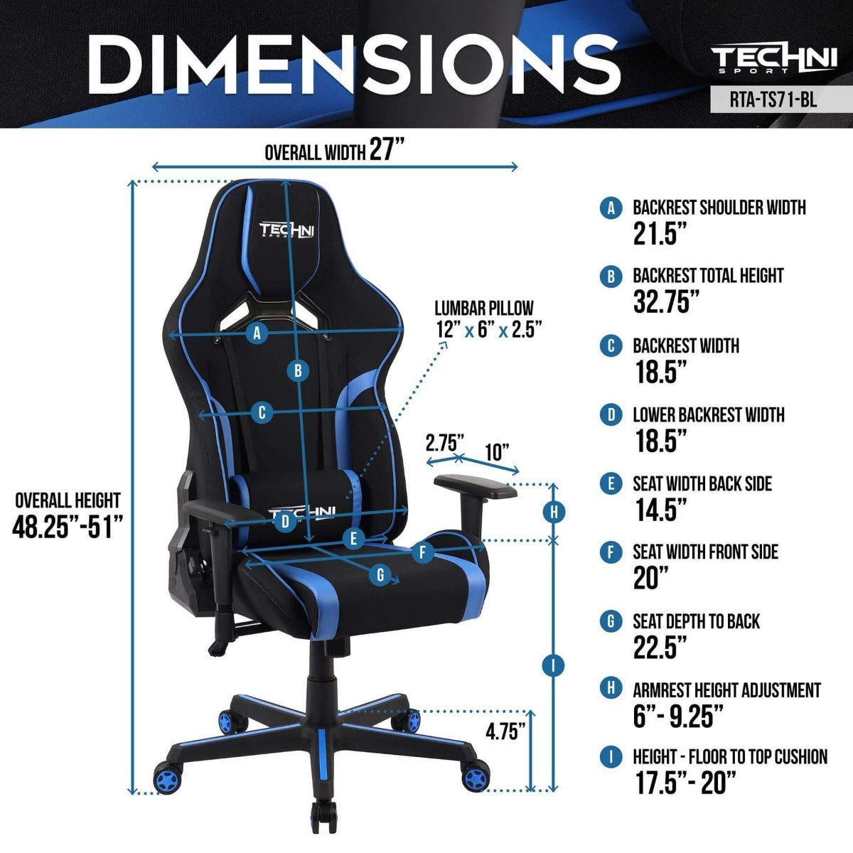 Techni Sport TSF-71 Blue Fabric and PU Office-PC Gaming Chair RTA-TSF71-BL Dimensions #color_blue