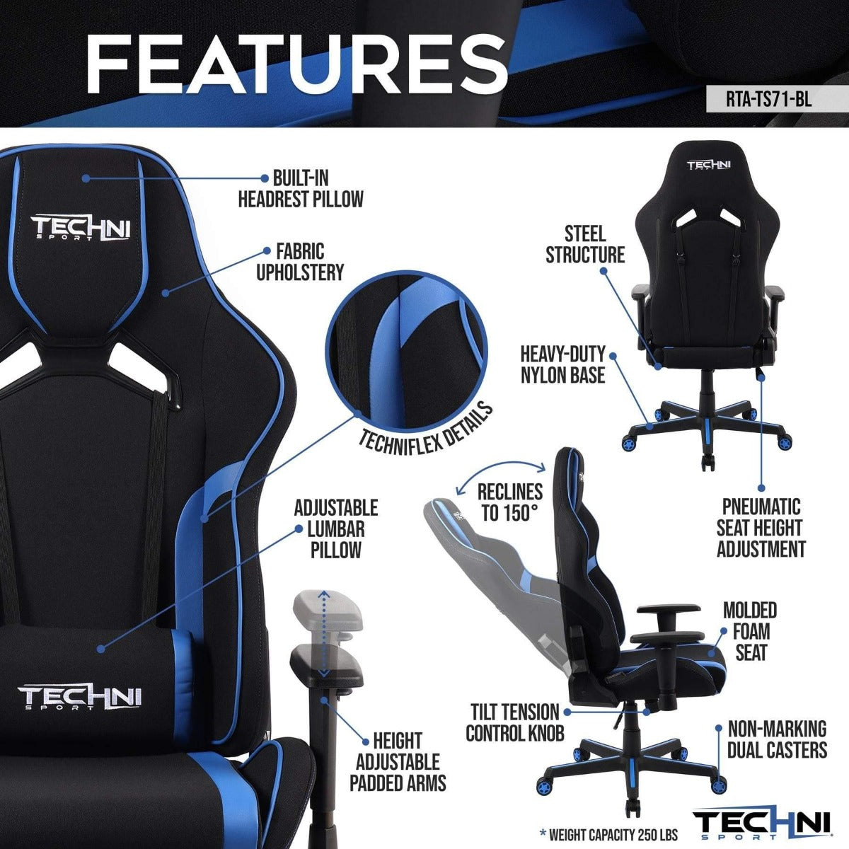 Techni Sport TSF-71 Blue Fabric and PU Office-PC Gaming Chair RTA-TSF71-BL Features #color_blue