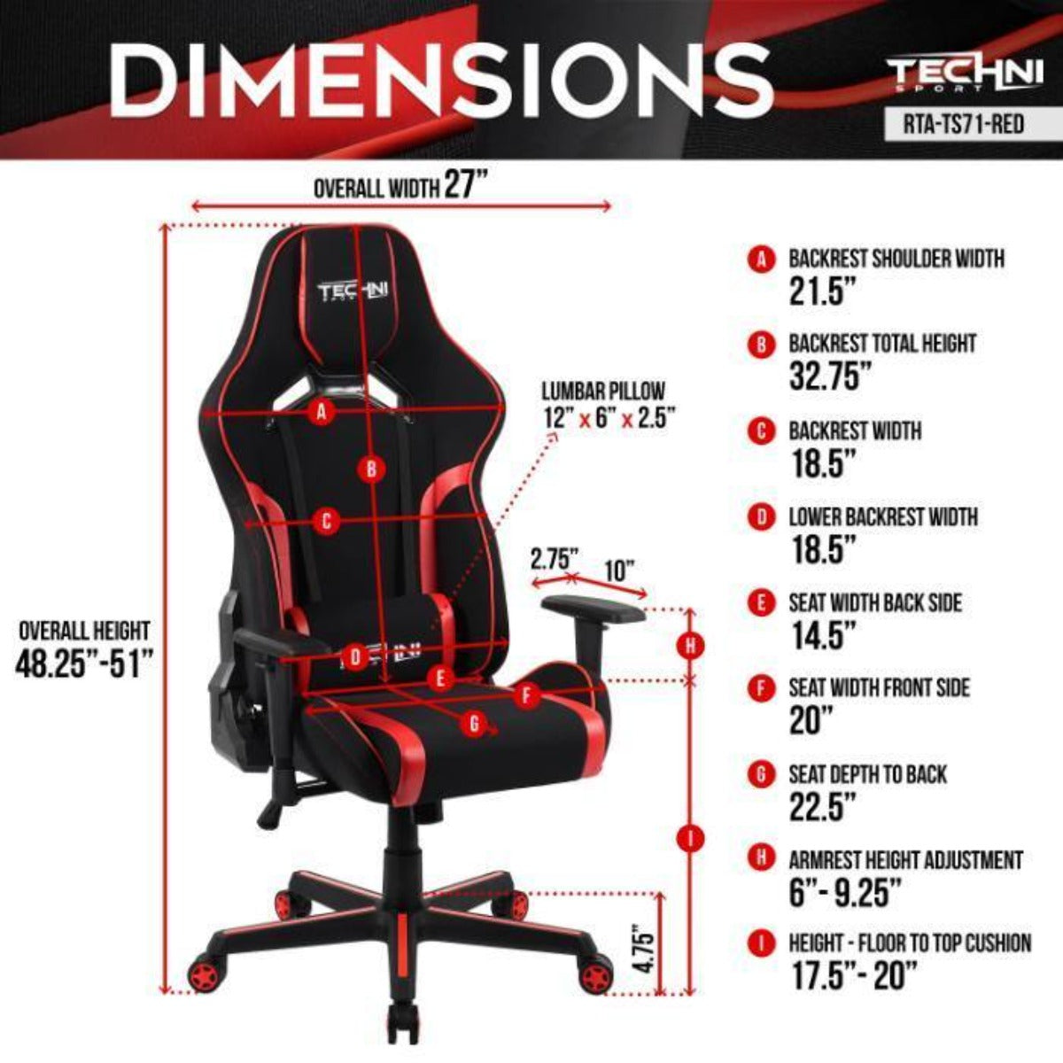 Techni Sport TSF-71 Red Fabric and PU Office-PC Gaming Chair RTA-TSF71-RED Dimensions #color_red