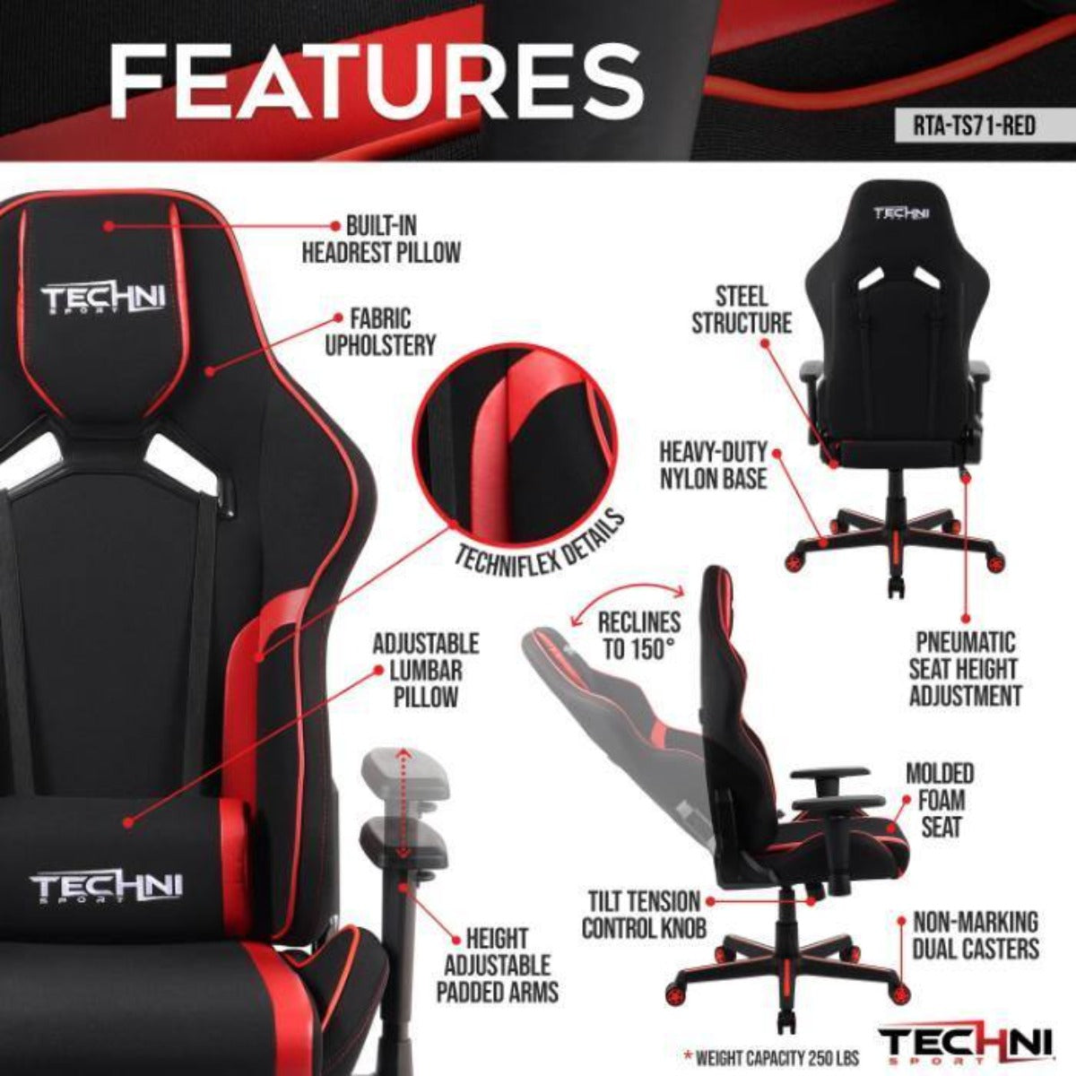 Techni Sport TSF-71 Red Fabric and PU Office-PC Gaming Chair RTA-TSF71-RED Features #color_red