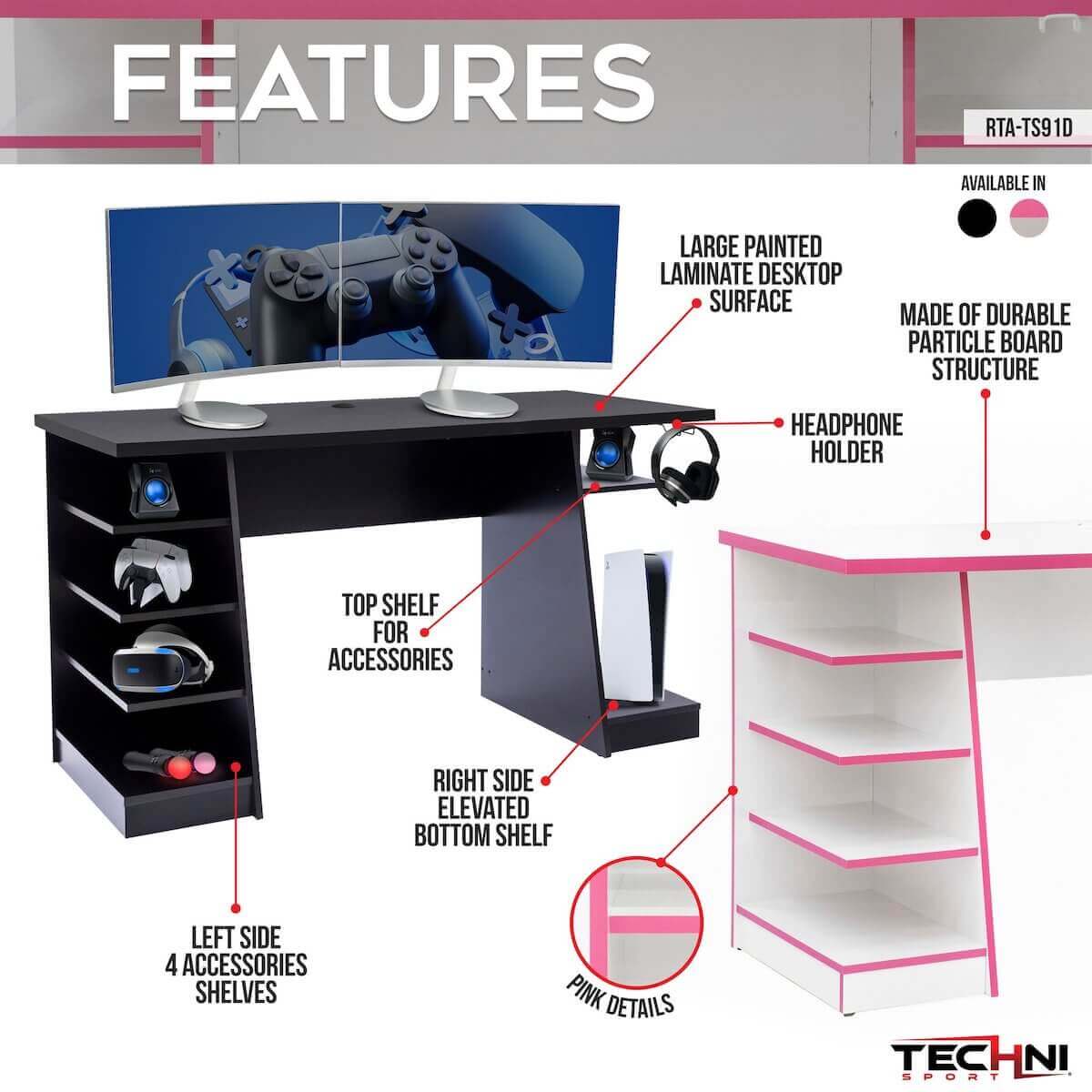 Techni Sport White Jango Gaming Desk with Storage RTA-TS91D-WHT Features #color_white