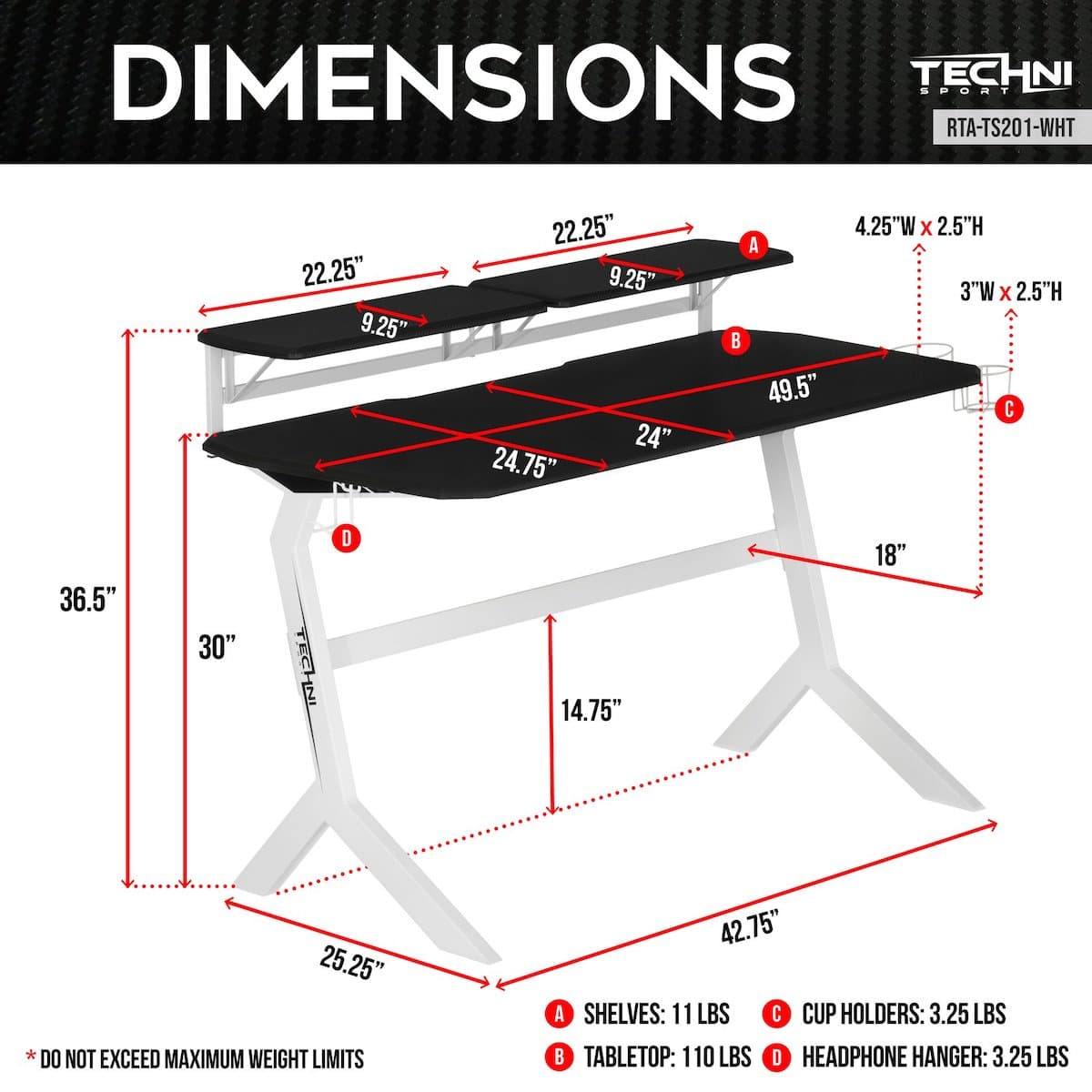 Techni Sport White Stryker Gaming Desk RTA-TS201-WHT Dimensions #color_white