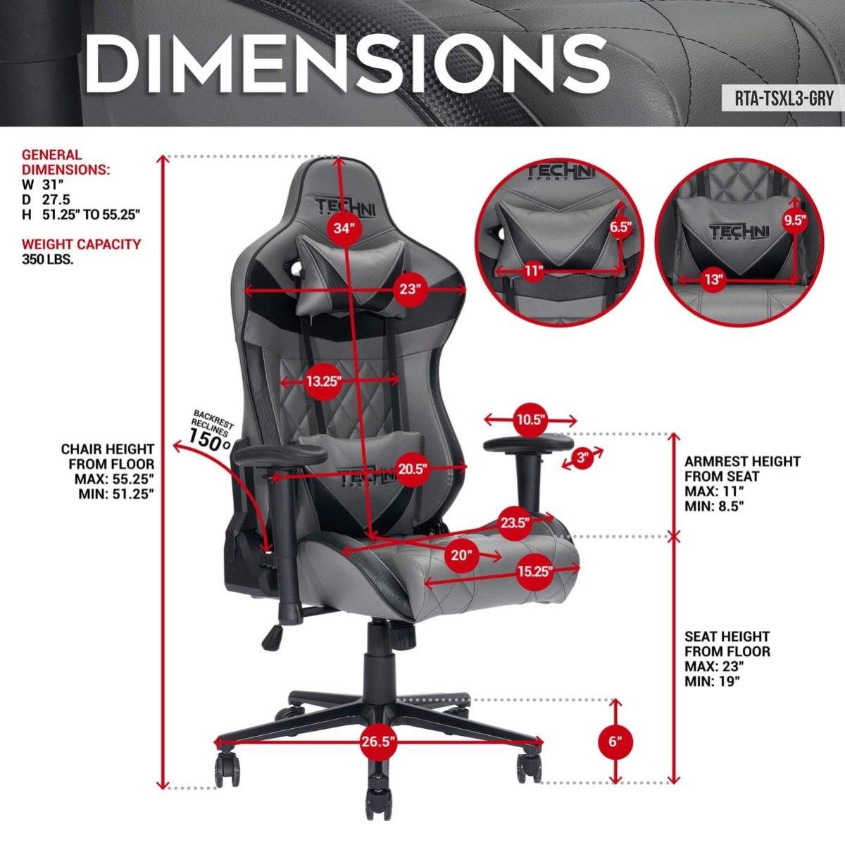 Techni Sport XL Gray Ergonomic Gaming Chair RTA-TSXL3-GRY Dimensions