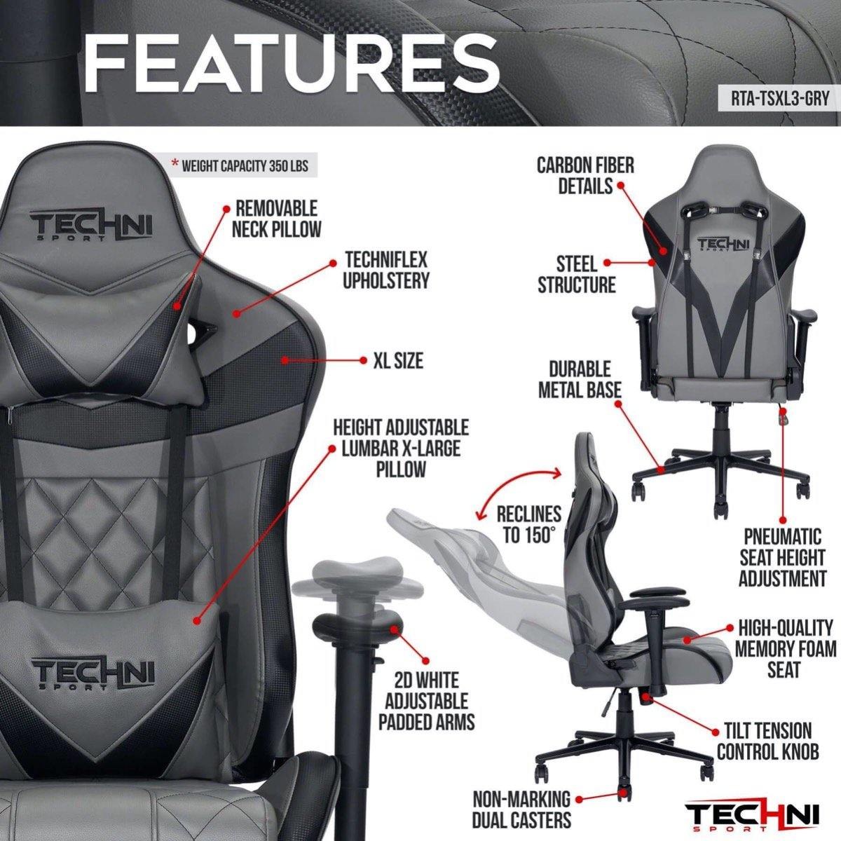 Techni Sport XL Gray Ergonomic Gaming Chair RTA-TSXL3-GRY Features