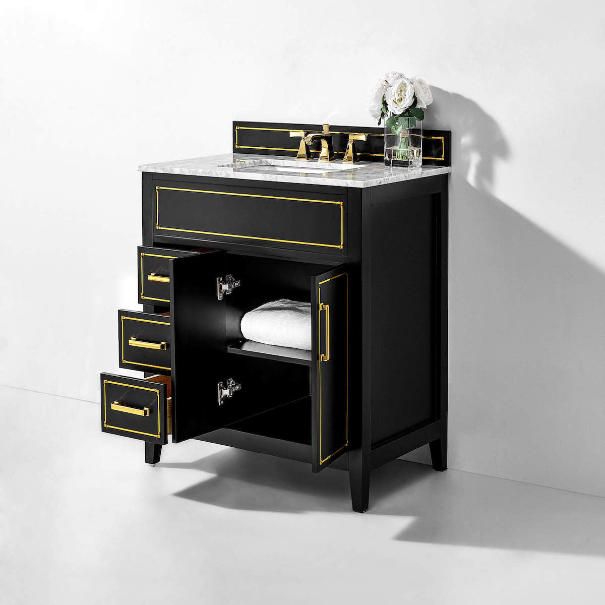 Ancerre Designs Black Onyx Aspen 36” Single Vanity VTS-ASPEN-36-BO-CW-GD Open Drawers and Cabinet