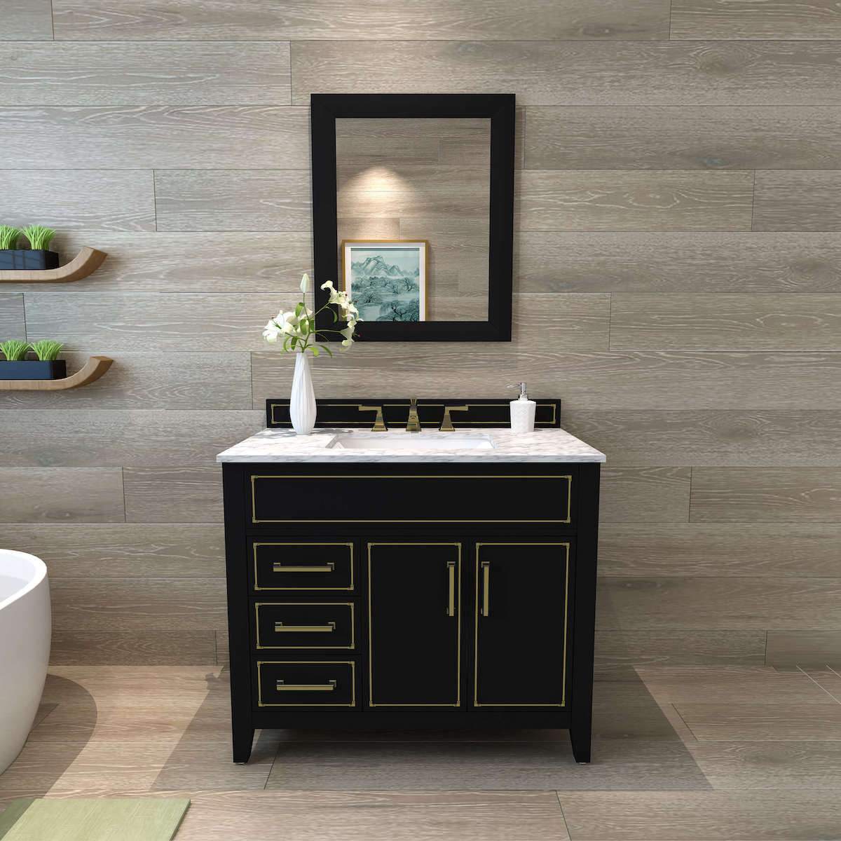 Ancerre Designs Black Onyx Aspen 36” Single Vanity VTS-ASPEN-36-BO-CW-GD in Bathroom