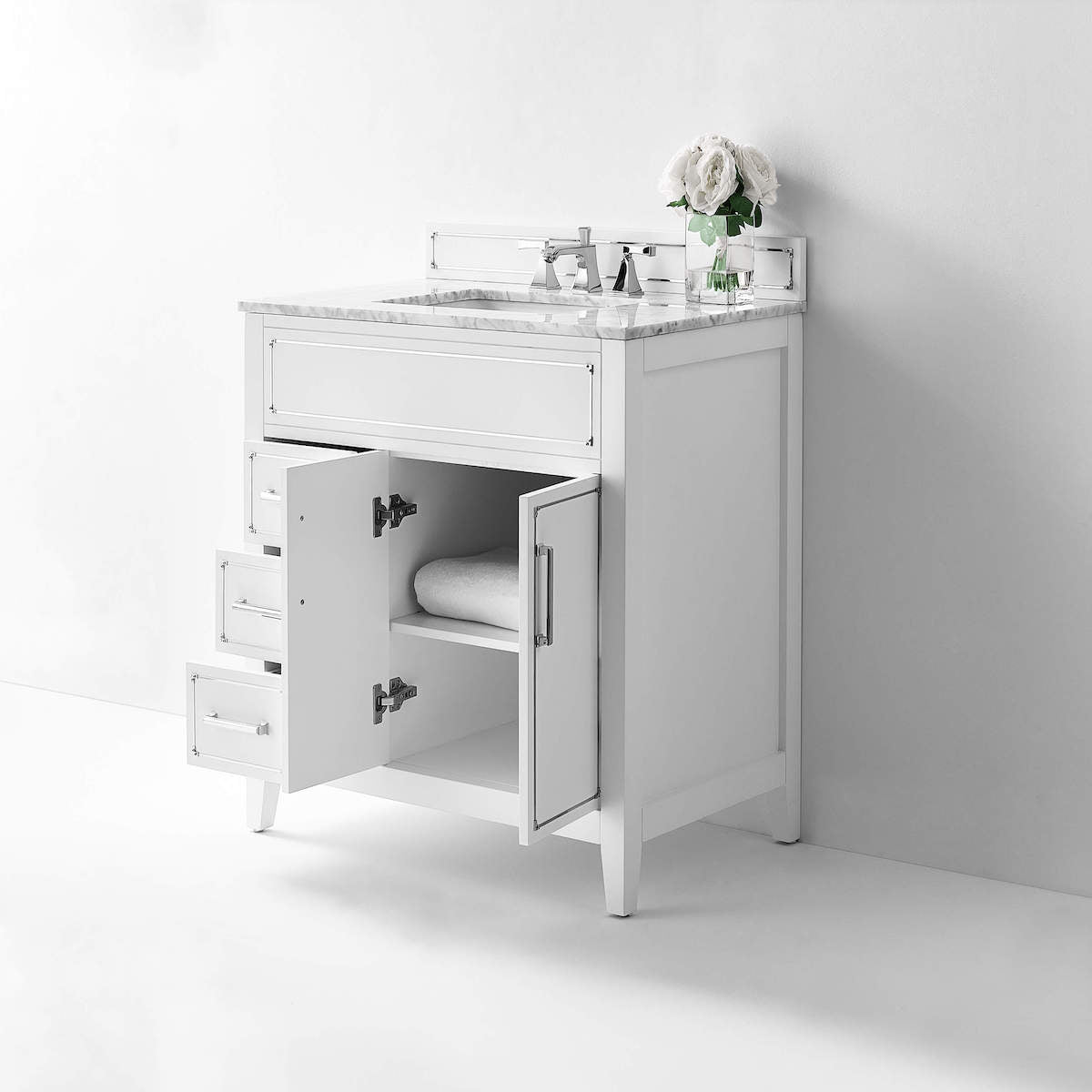 Ancerre Designs White Aspen 36” Single Vanity VTS-ASPEN-36-W-CW Open Drawers and Cabinet