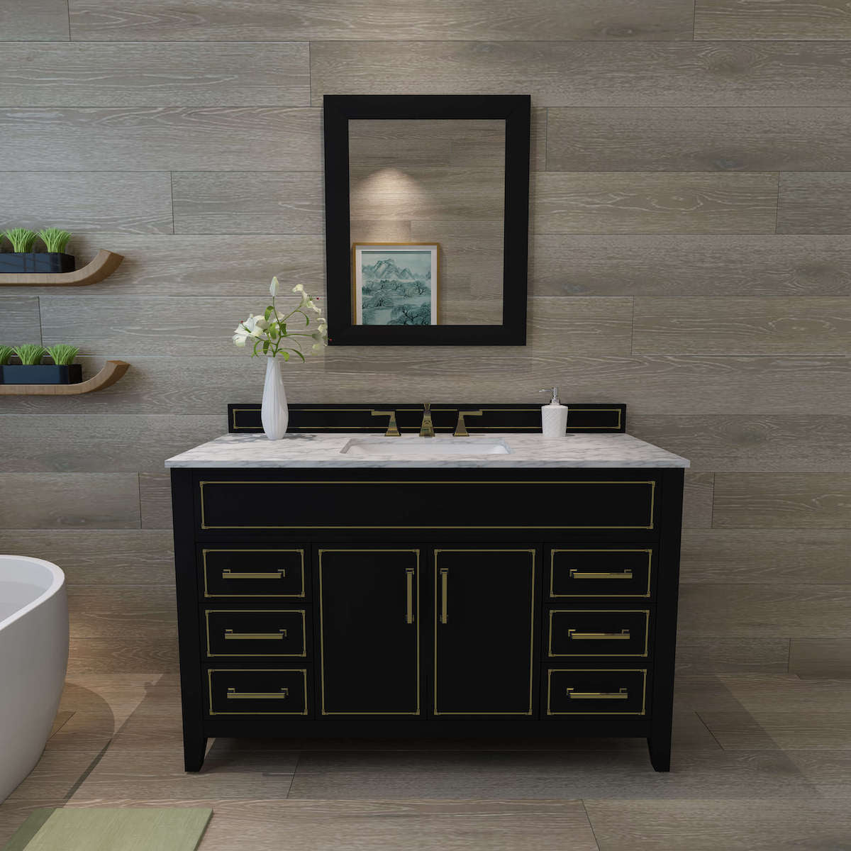 Ancerre Designs Back Onyx Aspen 48” Single Vanity VTS-ASPEN-48-BO-CW-GD in Bathroom