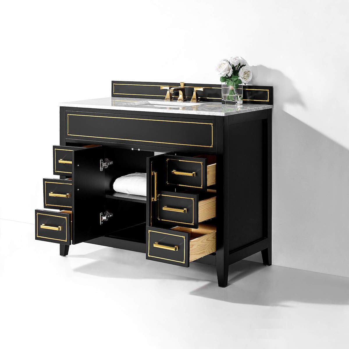Ancerre Designs Back Onyx Aspen 48” Single Vanity VTS-ASPEN-48-BO-CW-GD Open Drawers and Cabinet