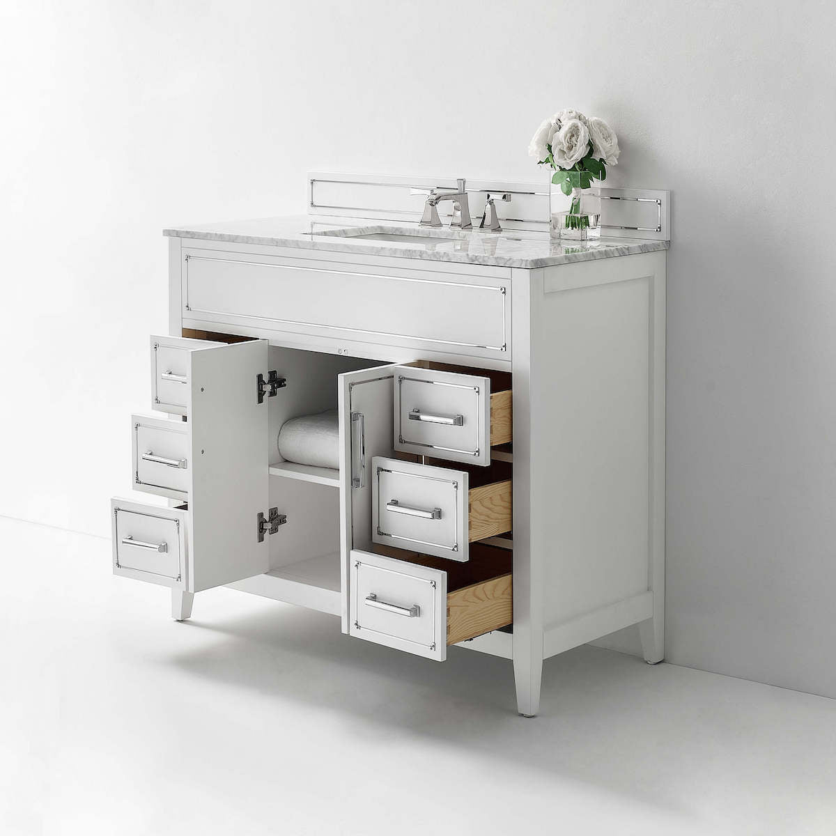 Ancerre Designs White Aspen 48” Single Vanity VTS-ASPEN-48-W-CW Open Drawers and Cabinet