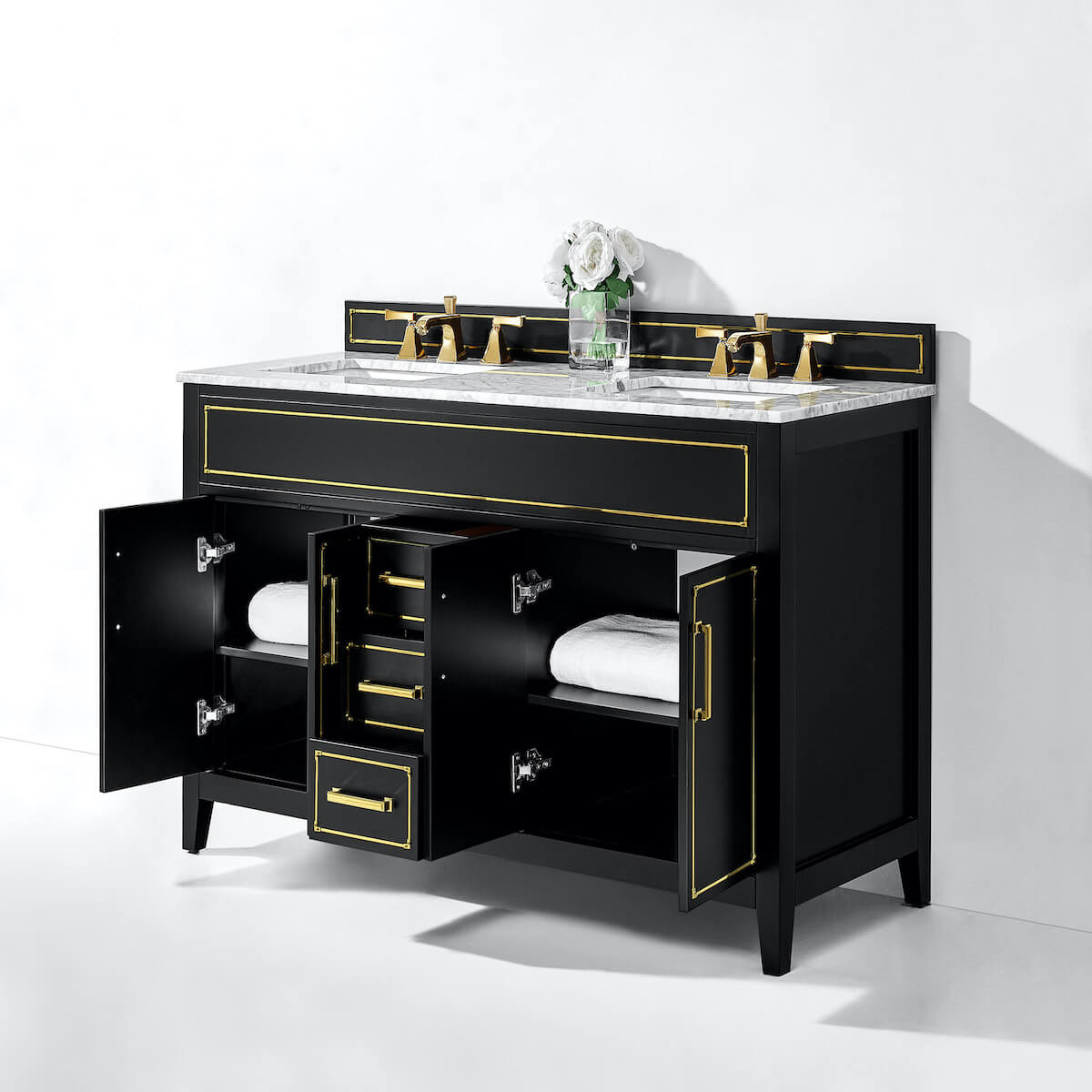 Ancerre Designs Black Onyx Aspen 60” Double Vanity VTS-ASPEN-60-BO-CW-GD Open Cabinets and Drawers #finish_black onyx