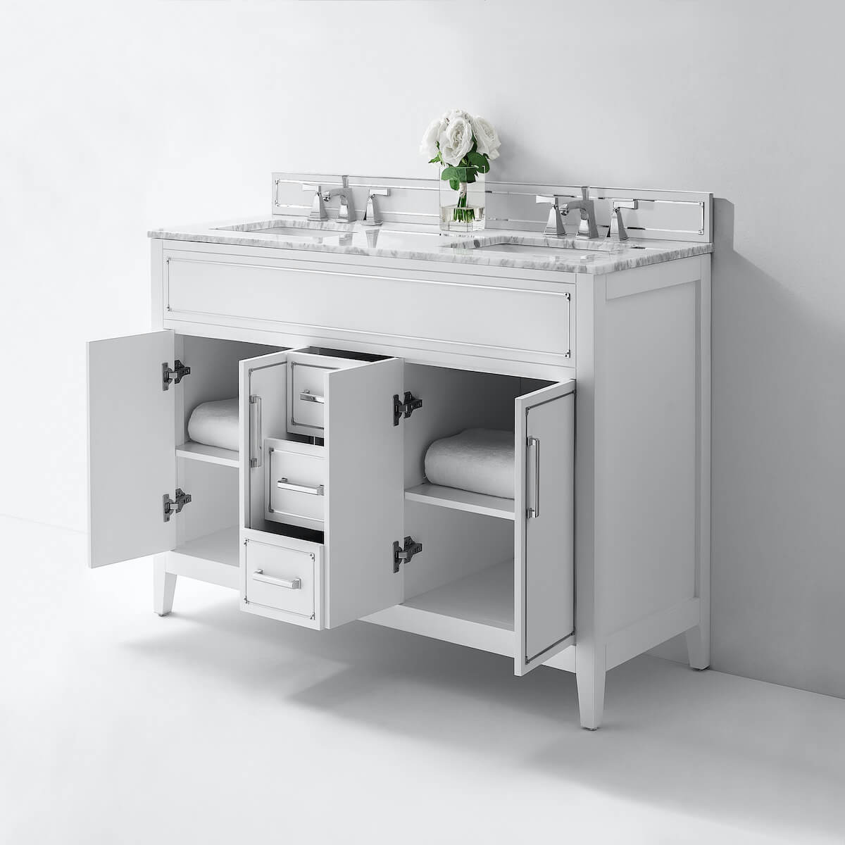 Ancerre Designs White Aspen 60” Double Vanity VTS-ASPEN-60-W-CW Open Cabinets and Drawers #finish_white