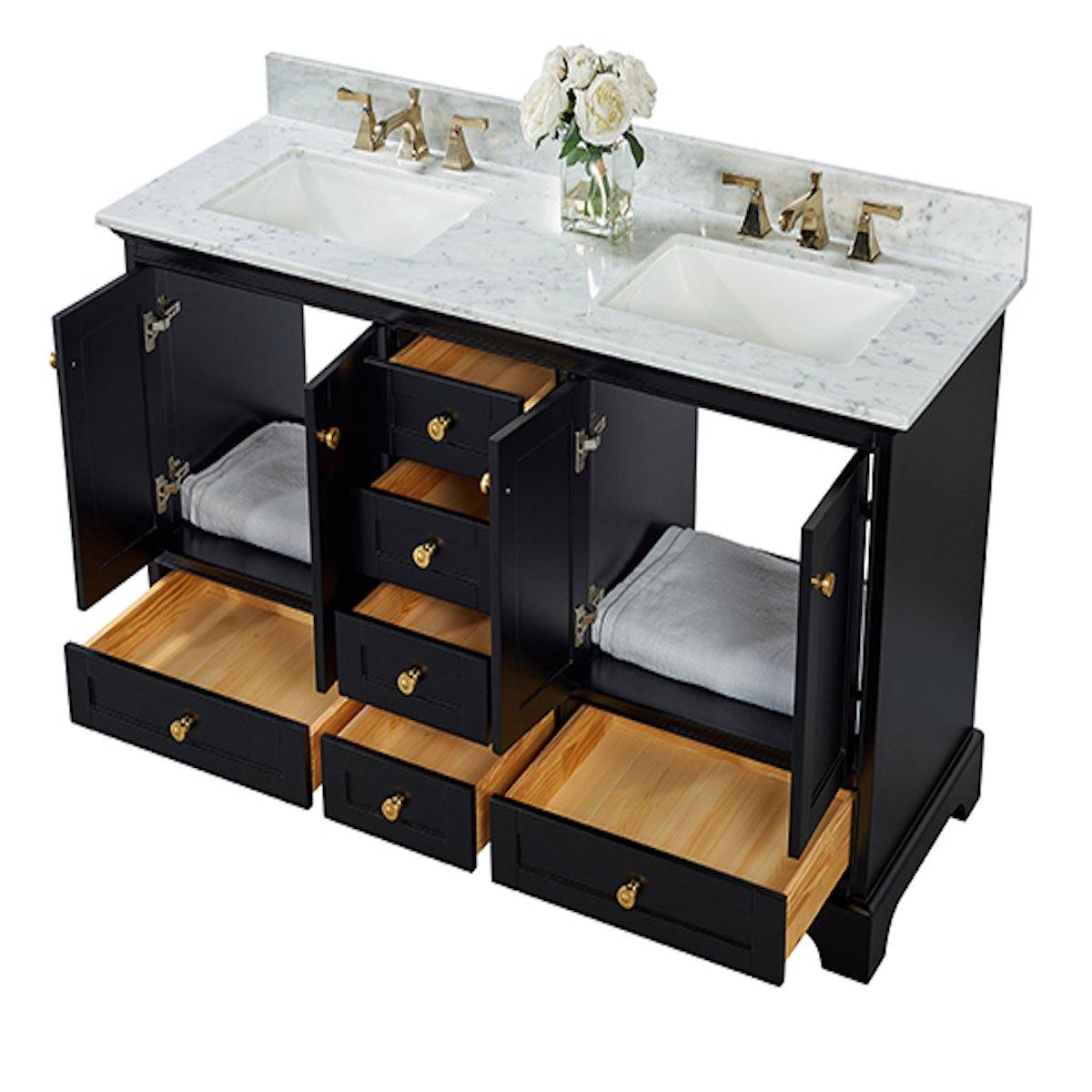 Ancerre Designs Audrey 60 Inch Onyx Black Double Vanity Open Drawers