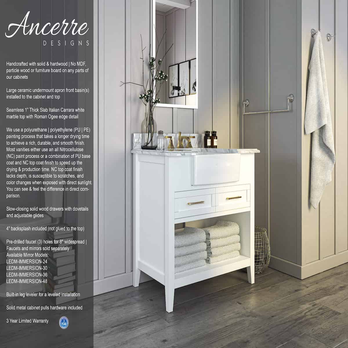 Ancerre Designs Hayley 36" White Single Vanity Info VTS-HAYLEY-36-W-CW #finish_white