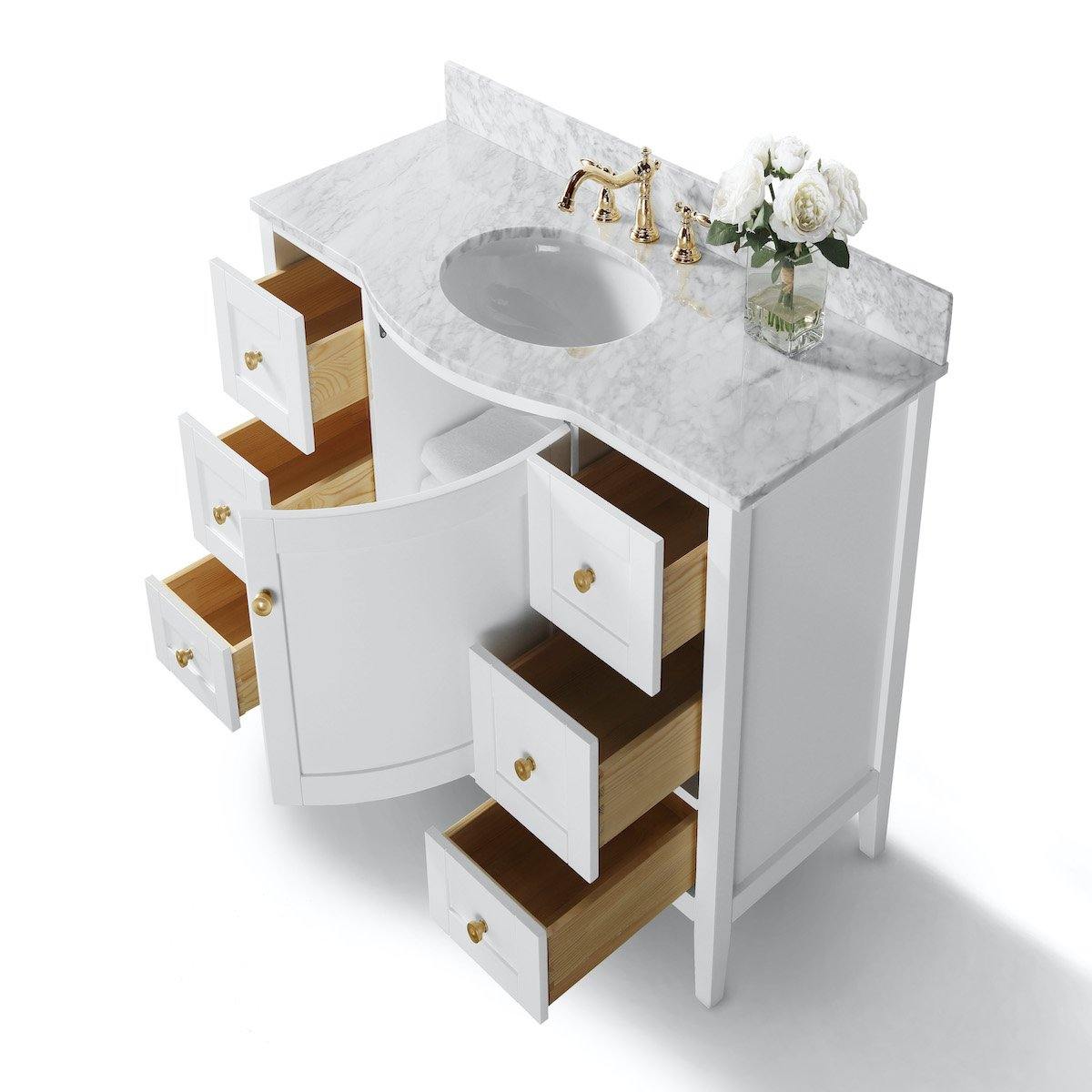 Ancerre Designs Lauren 48 Inch White Single Vanity with Gold Hardware Open Drawers #hardware_gold