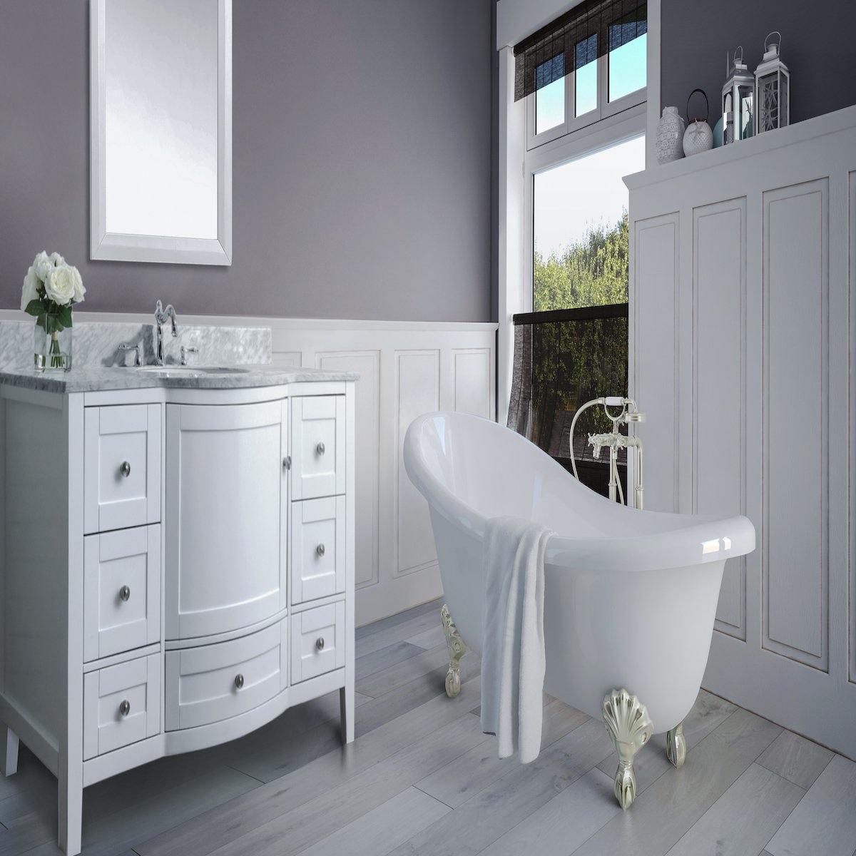 Ancerre Designs Lauren 48 Inch White Single Vanity with Nickel Hardware in Bathroom #hardware_burhsed nickel