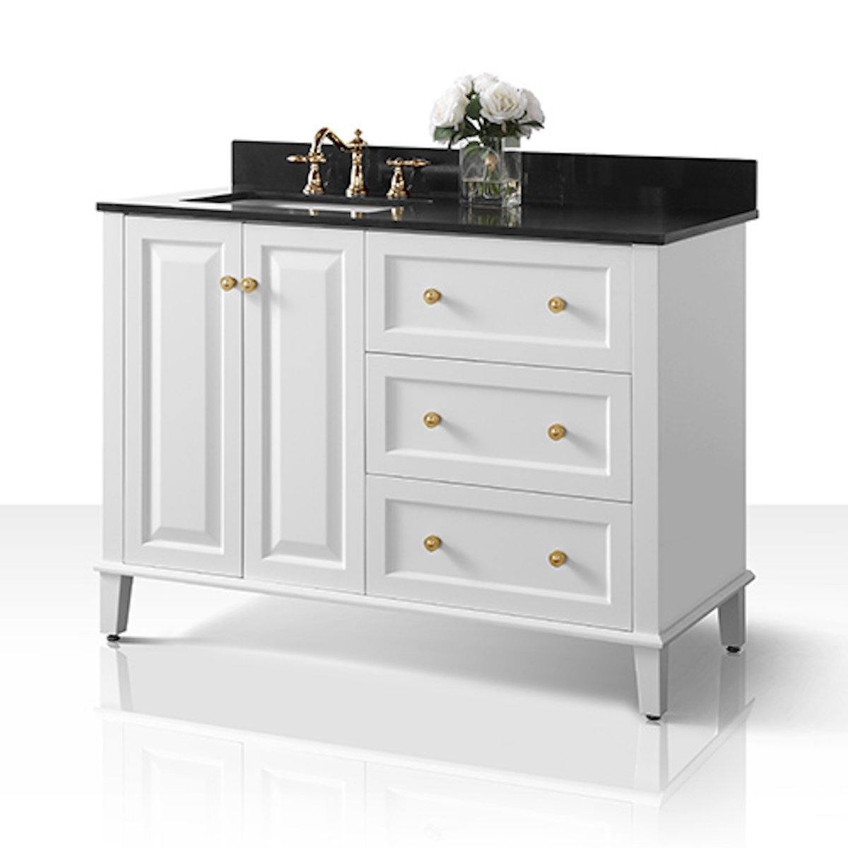 Ancerre Designs Hannah 48 Inch White Single Vanity with Left Basin and Gold Hardware Side