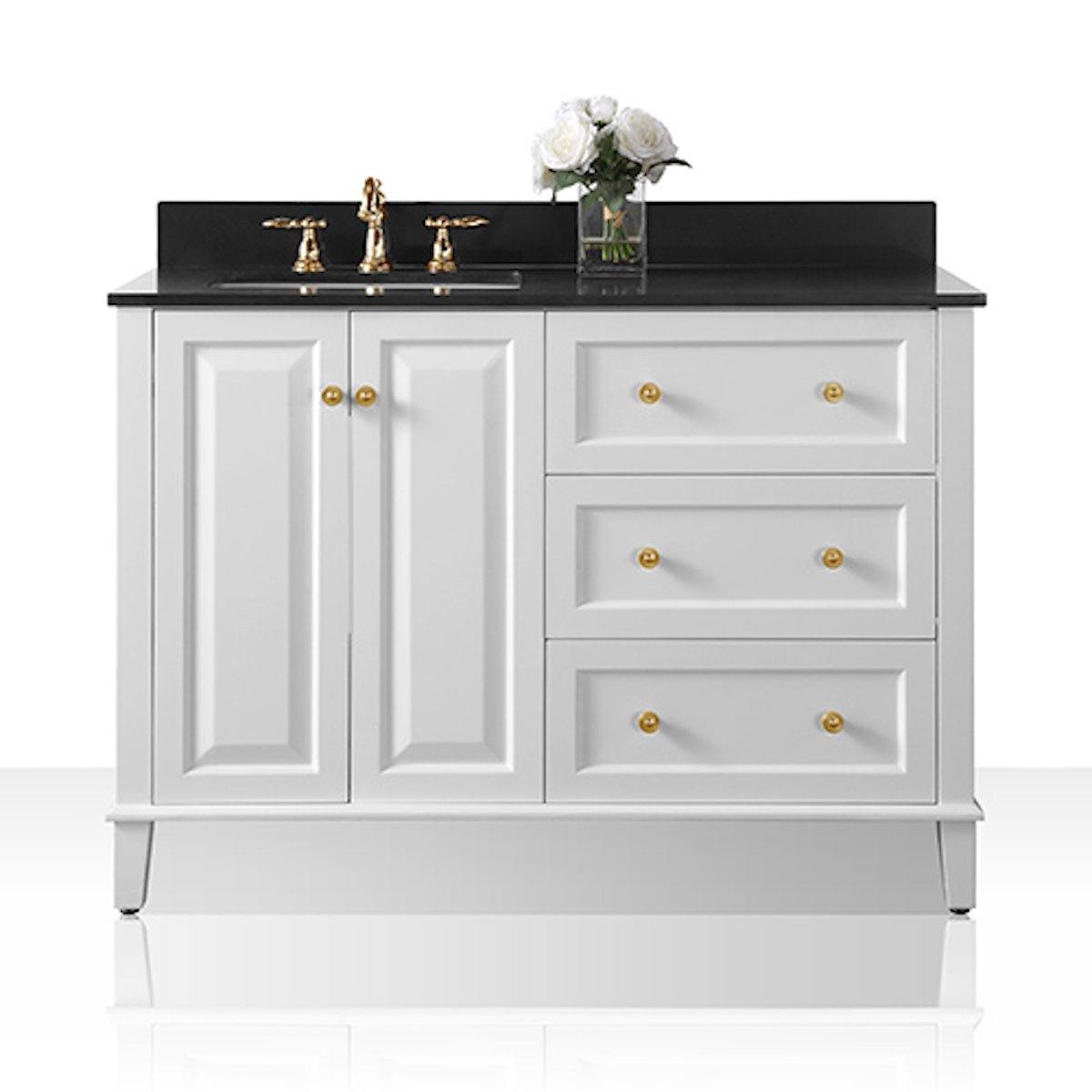 Ancerre Designs Hannah 48 Inch White Single Vanity with Left Basin and Gold Hardware