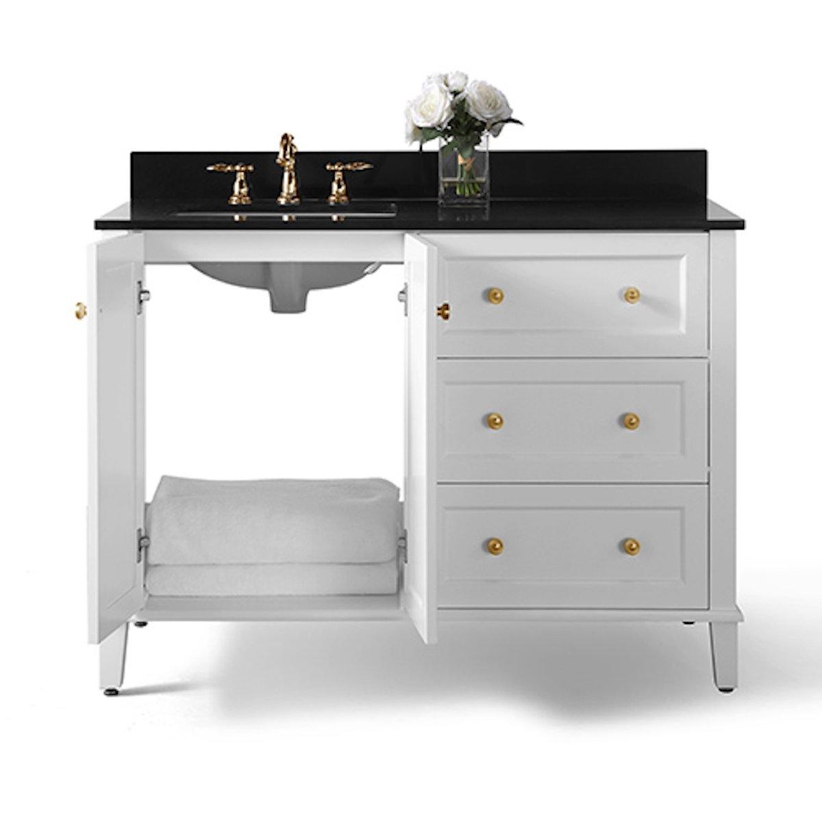 Ancerre Designs Hannah 48 Inch White Single Vanity with Left Basin and Gold Hardware Open Cabinet