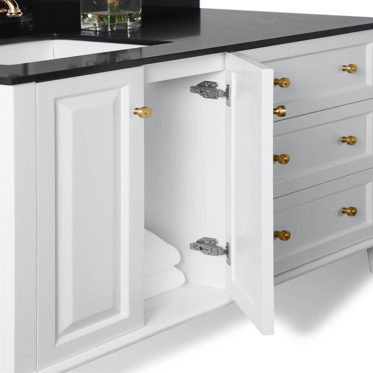 Ancerre Designs Hannah 48 Inch White Single Vanity with Left Basin and Gold Hardware Inside Cabinet