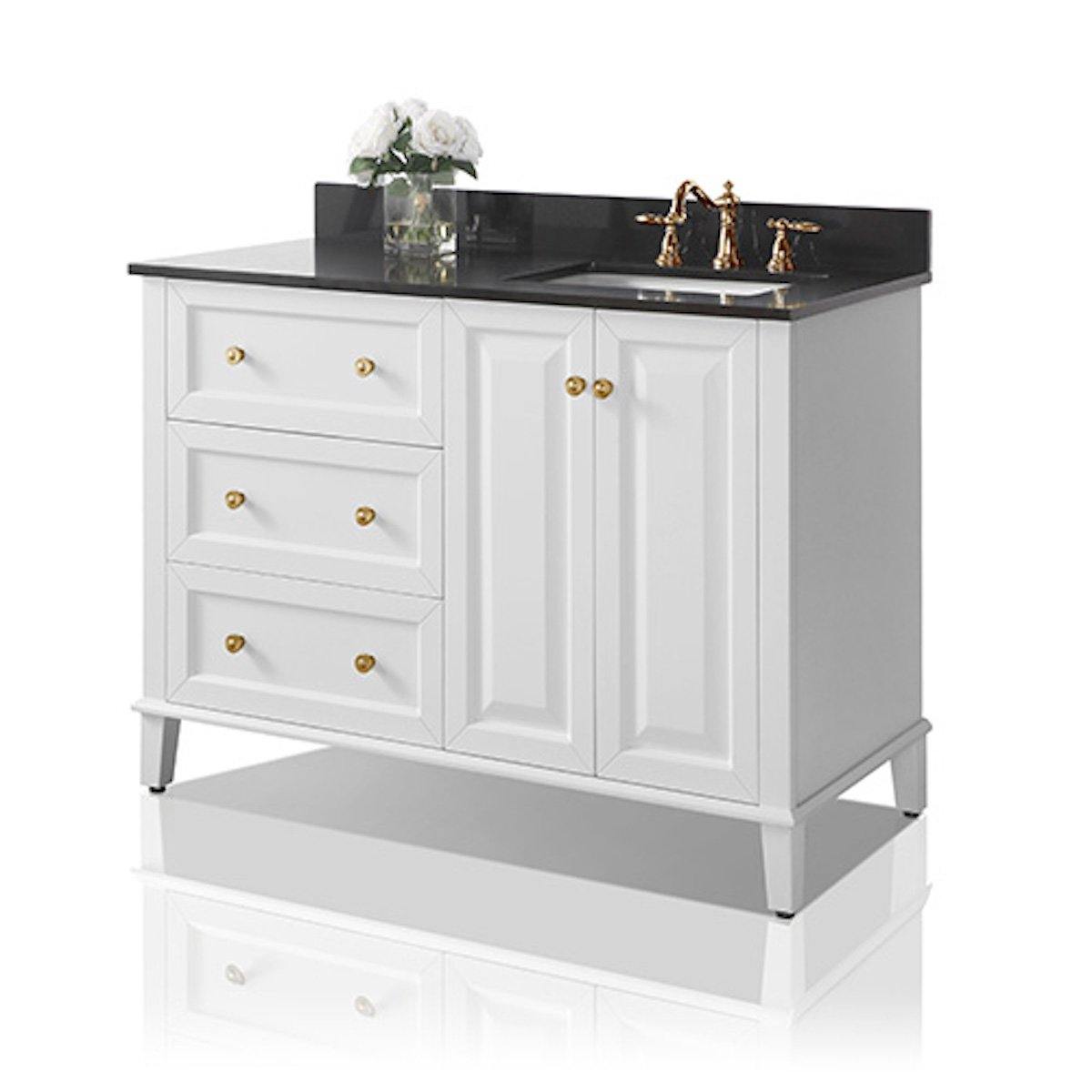Ancerre Designs Hannah 48 Inch White Single Vanity with Right Basin and Gold Hardware Side