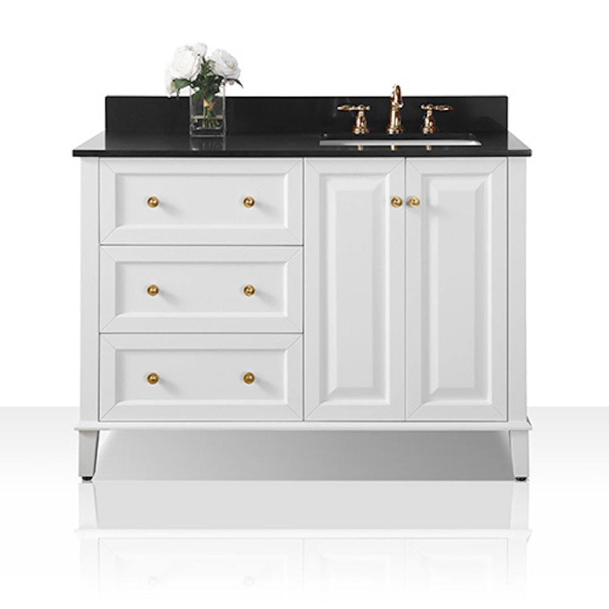 Ancerre Designs Hannah 48 Inch White Single Vanity with Right Basin and Gold Hardware