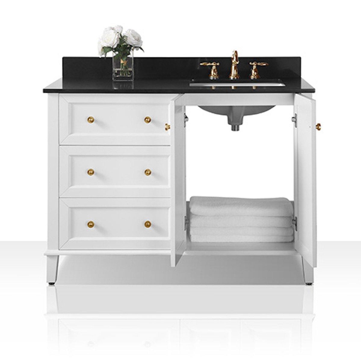 Ancerre Designs Hannah 48 Inch White Single Vanity with Right Basin and Gold Hardware Open Cabinet