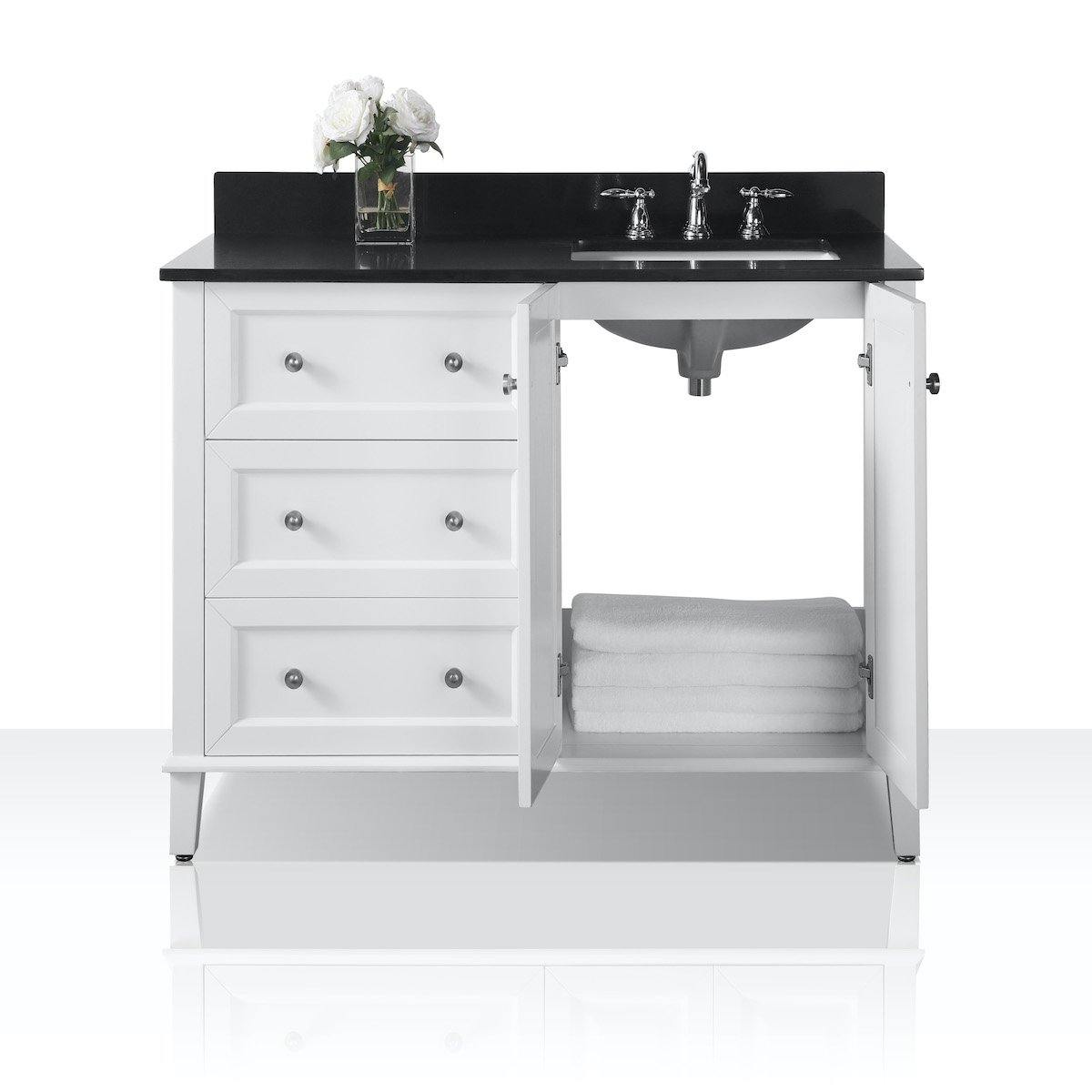 Ancerre Designs Hannah 48 Inch White Single Vanity with Right Basin and Nickel Hardware Open Cabinet