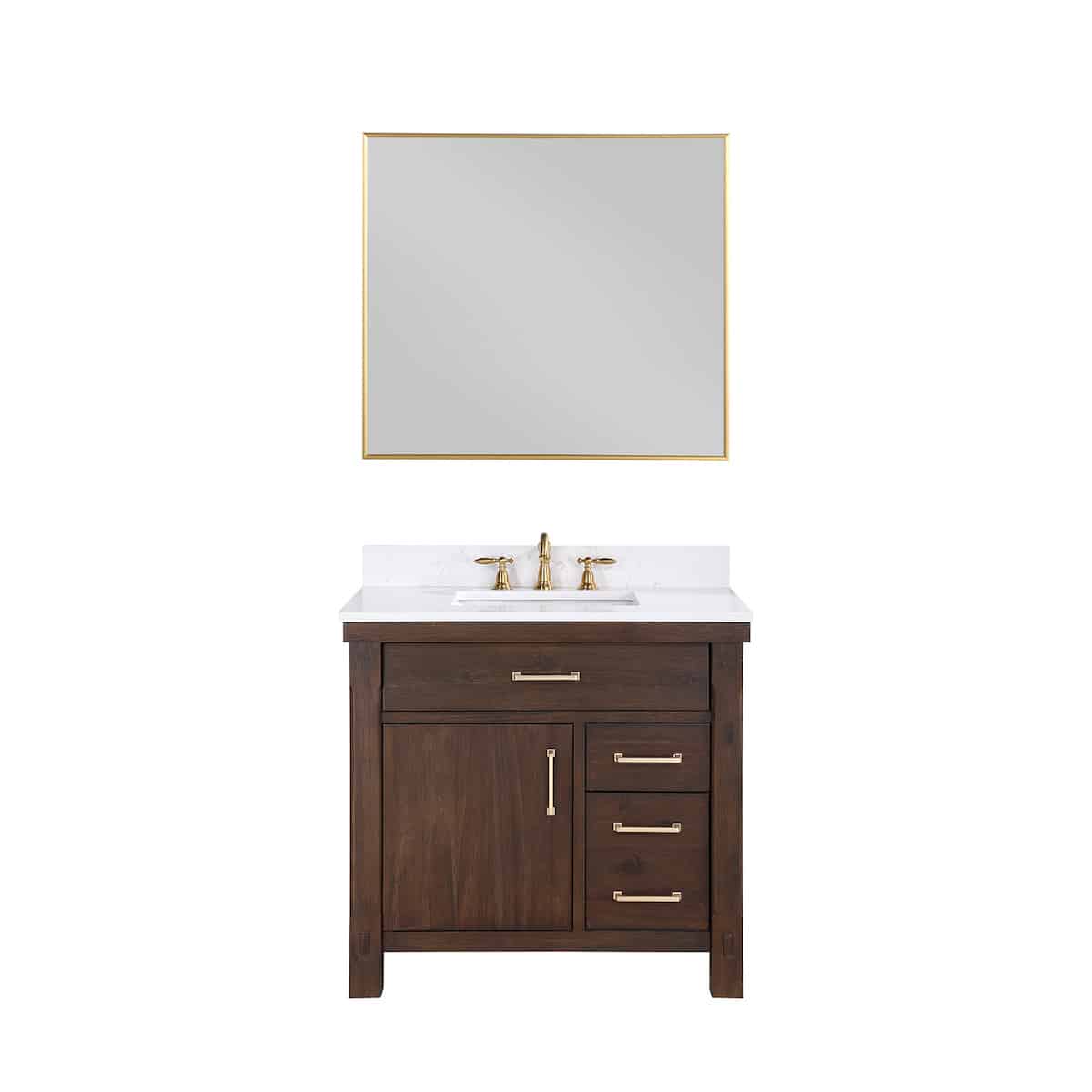 Vinnova Viella 36 Inch Freestanding Single Sink Bath Vanity in Deep Walnut Finish with White Composite Countertop With Mirror 701836-DW-WS
