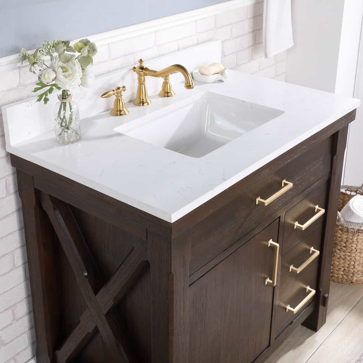 Vinnova Viella 36 Inch Freestanding Single Sink Bath Vanity in Deep Walnut Finish with White Composite Countertop With Mirror Counter 701836-DW-WS