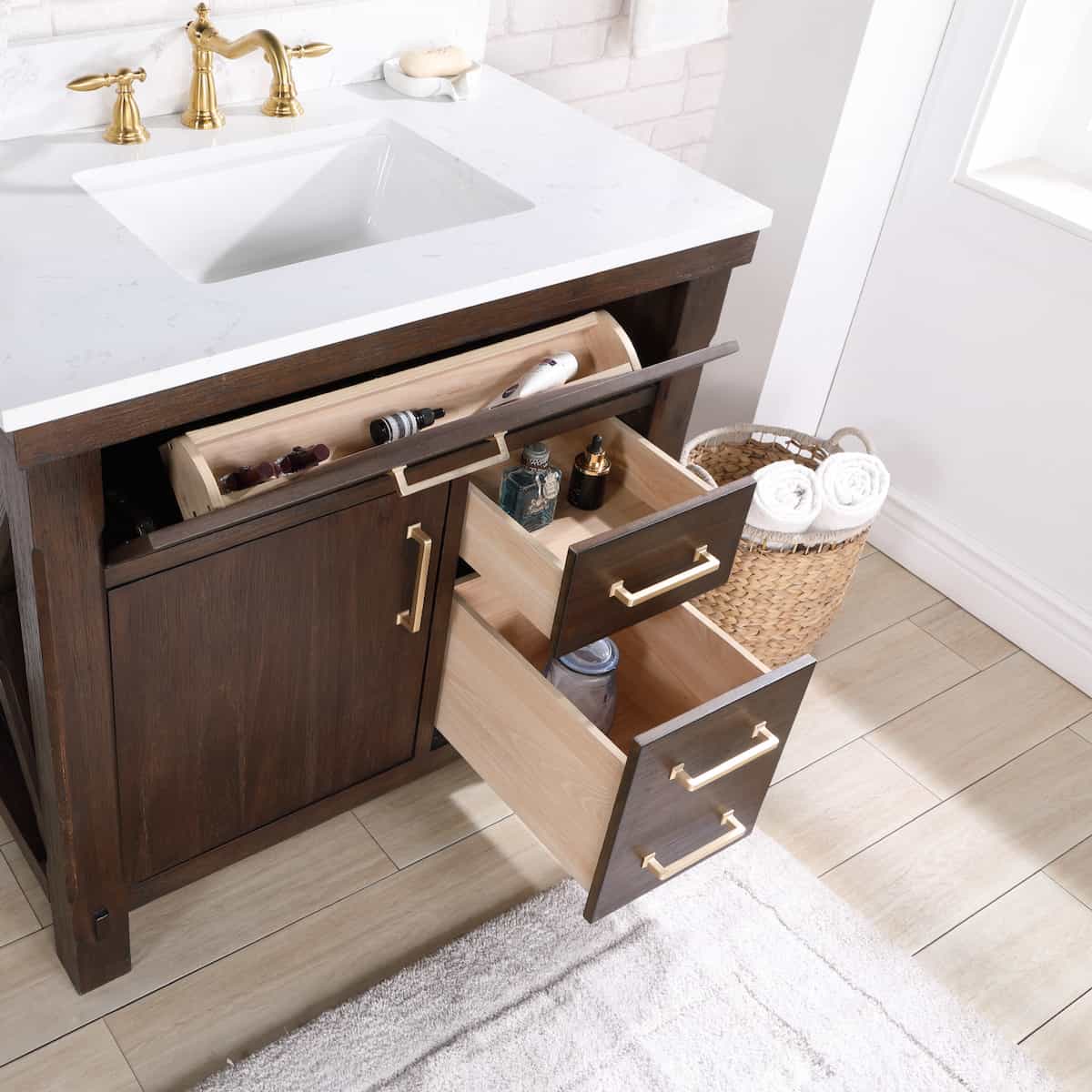 Vinnova Viella 36 Inch Freestanding Single Sink Bath Vanity in Deep Walnut Finish with White Composite Countertop With Mirror Drawers 701836-DW-WS