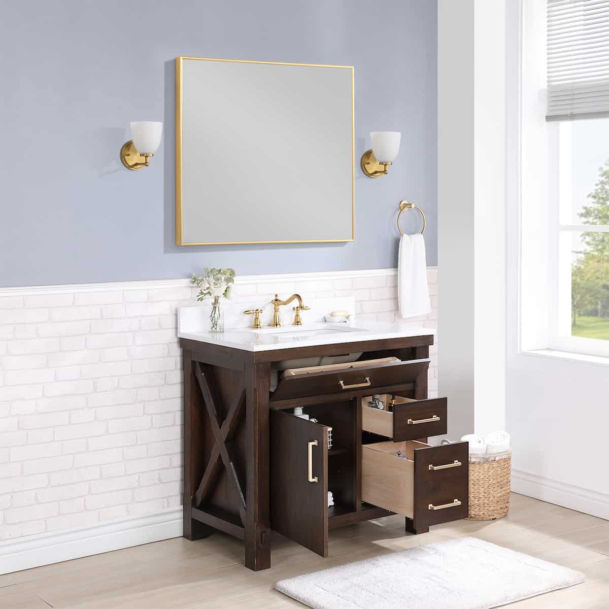 Vinnova Viella 36 Inch Freestanding Single Sink Bath Vanity in Deep Walnut Finish with White Composite Countertop With Mirror Inside 701836-DW-WS