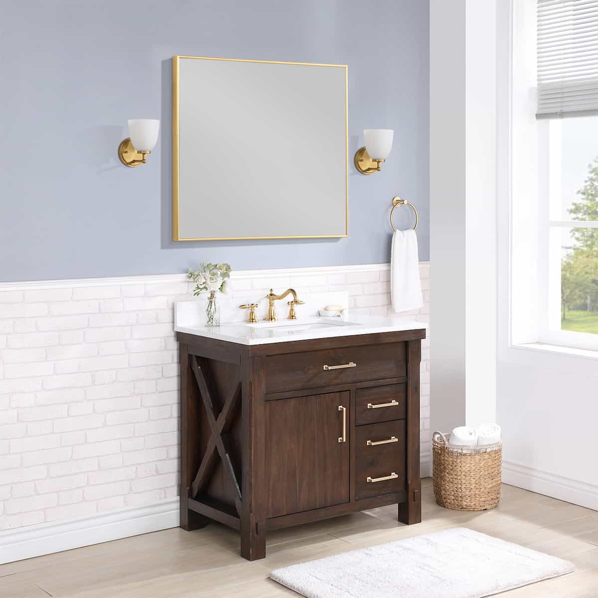 Vinnova Viella 36 Inch Freestanding Single Sink Bath Vanity in Deep Walnut Finish with White Composite Countertop With Mirror Side 701836-DW-WS