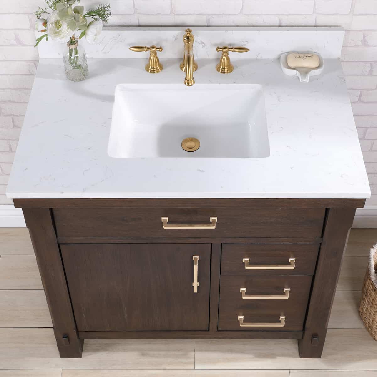 Vinnova Viella 36 Inch Freestanding Single Sink Bath Vanity in Deep Walnut Finish with White Composite Countertop With Mirror Sink 701836-DW-WS