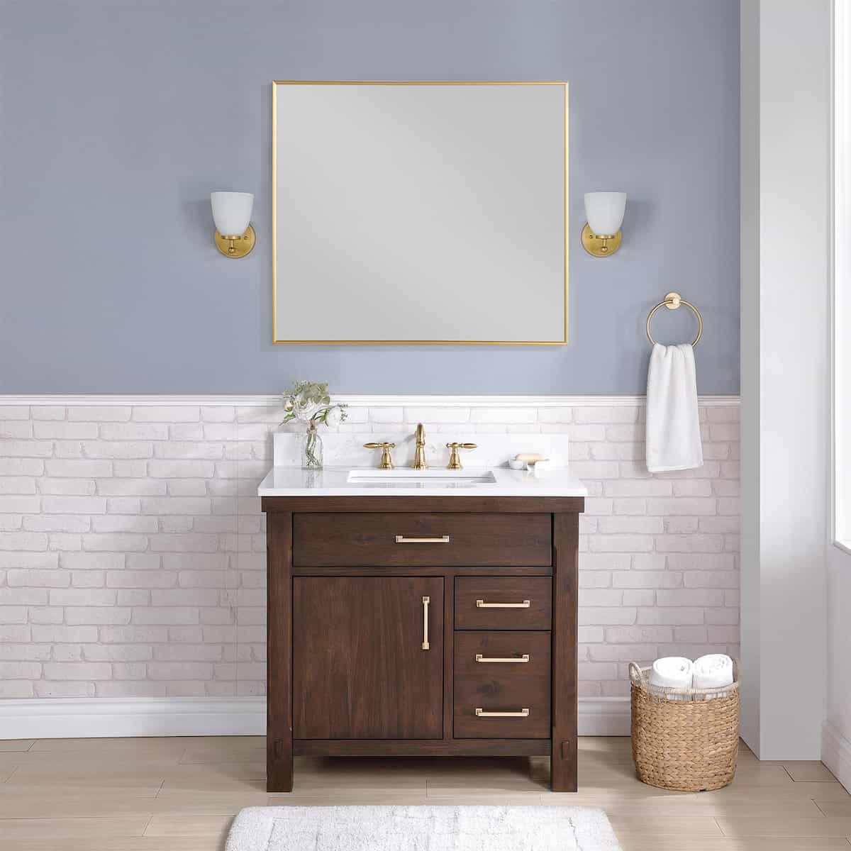 Vinnova Viella 36 Inch Freestanding Single Sink Bath Vanity in Deep Walnut Finish with White Composite Countertop With Mirror in Bathroom 701836-DW-WS