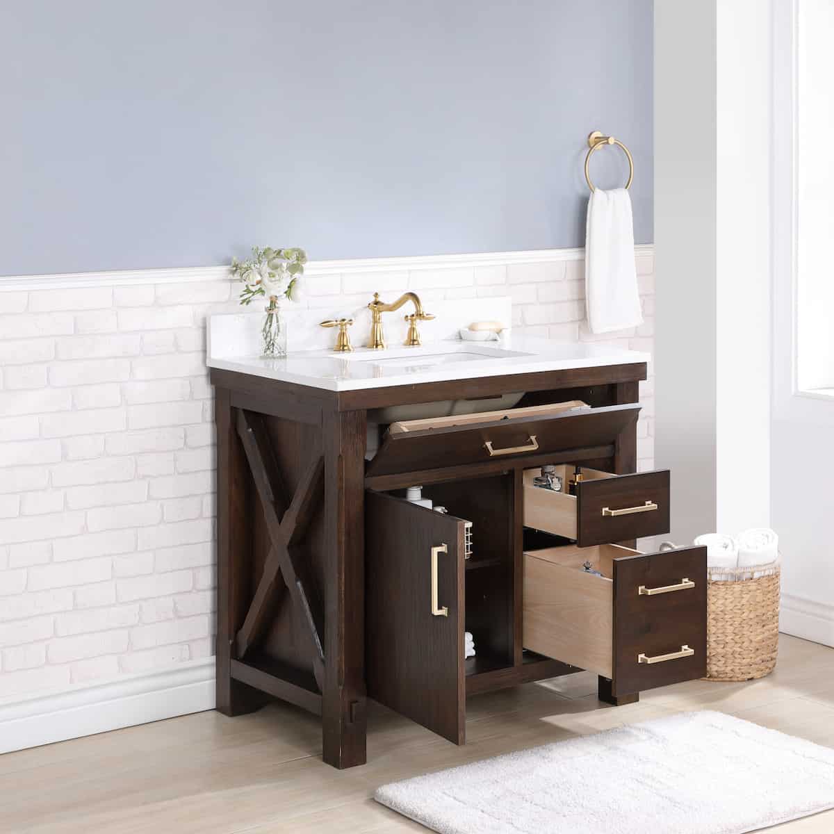 Vinnova Viella 36 Inch Freestanding Single Sink Bath Vanity in Deep Walnut Finish with White Composite Countertop Without Mirror Inside 701836-DW-WS-NM
