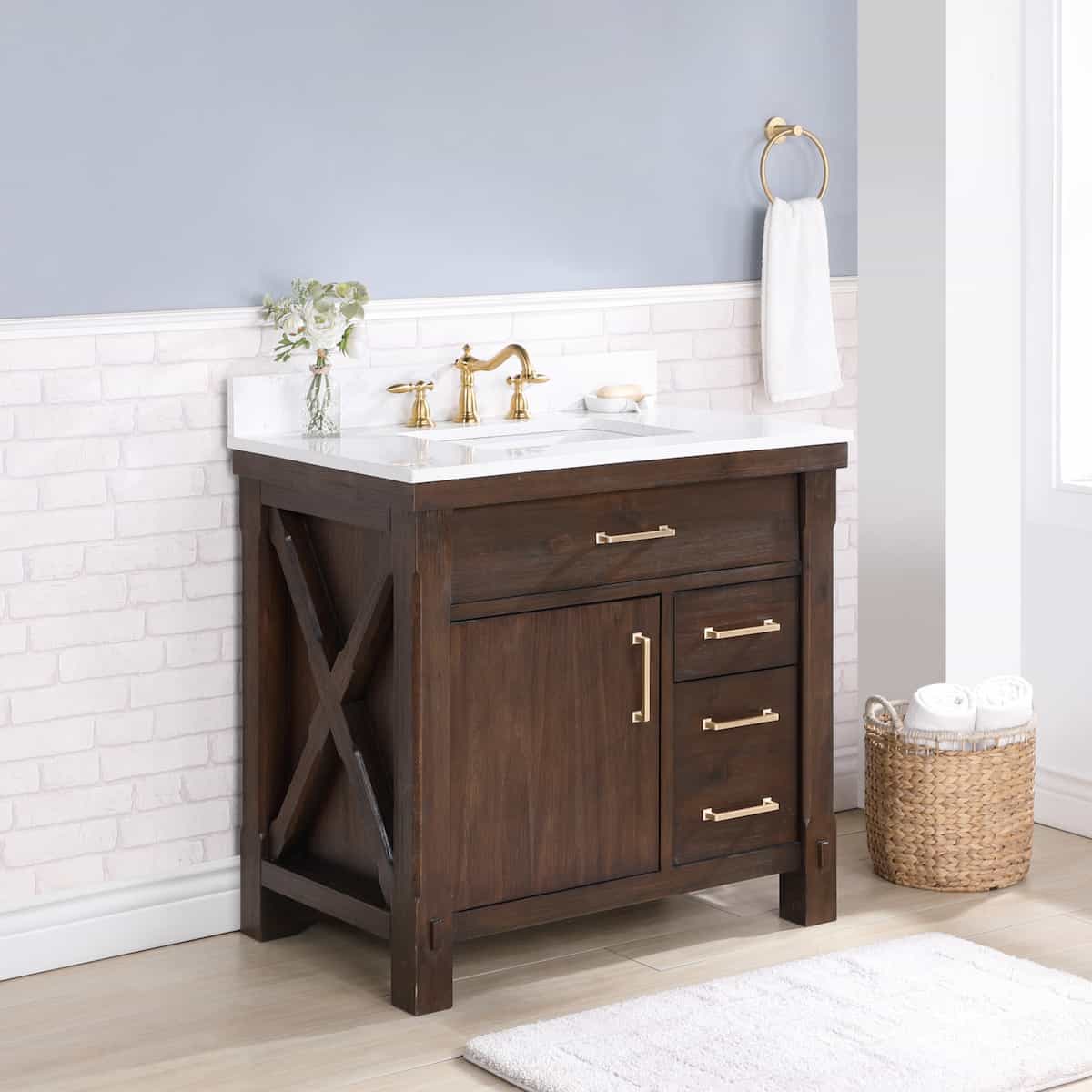 Vinnova Viella 36 Inch Freestanding Single Sink Bath Vanity in Deep Walnut Finish with White Composite Countertop Without Mirror Side 701836-DW-WS-NM