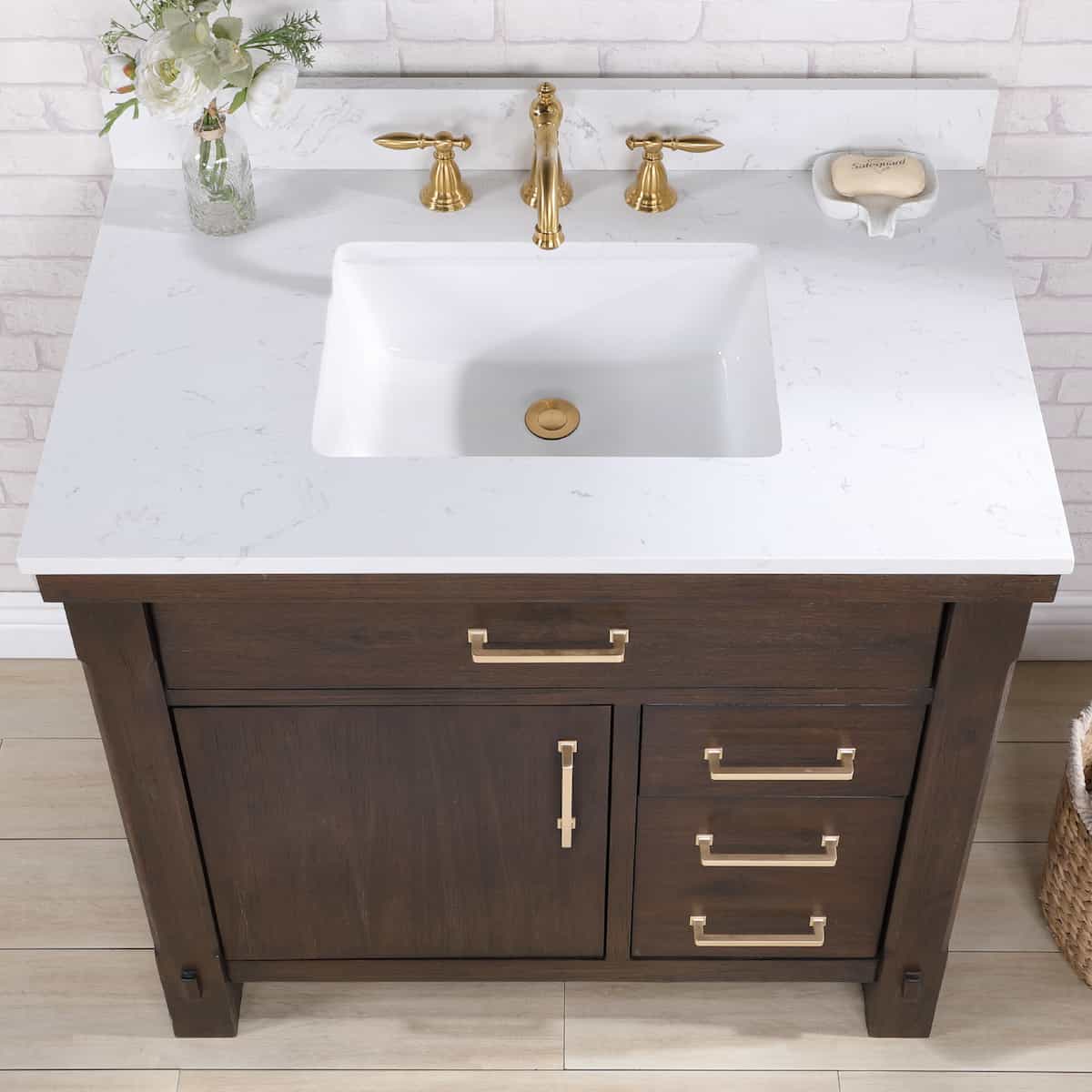 Vinnova Viella 36 Inch Freestanding Single Sink Bath Vanity in Deep Walnut Finish with White Composite Countertop Without Mirror Sink 701836-DW-WS-NM