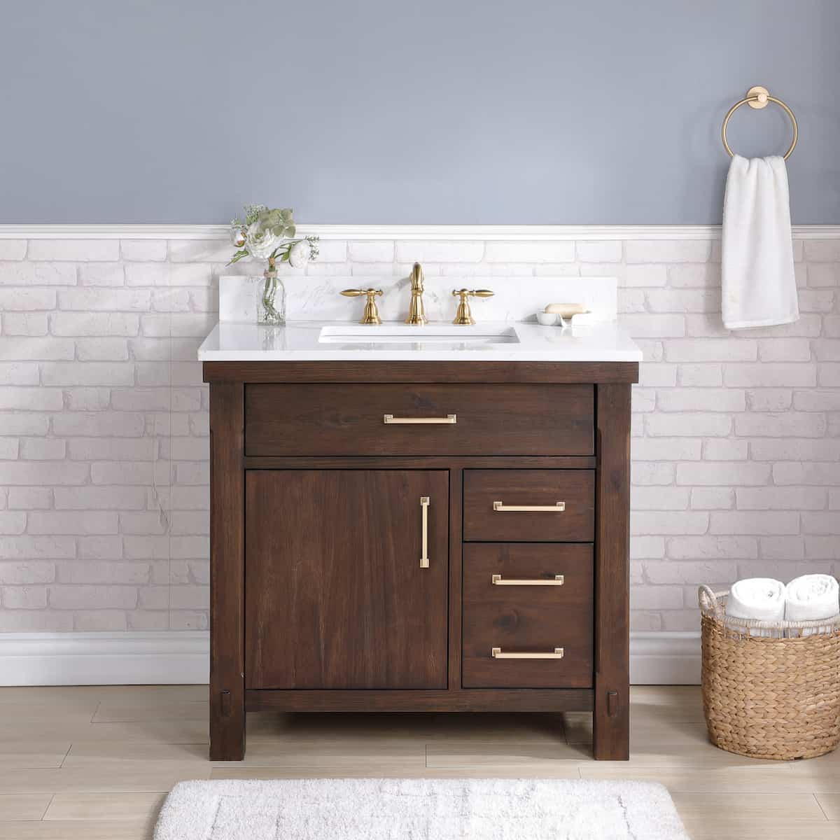 Vinnova Viella 36 Inch Freestanding Single Sink Bath Vanity in Deep Walnut Finish with White Composite Countertop Without Mirror in Bathroom 701836-DW-WS-NM